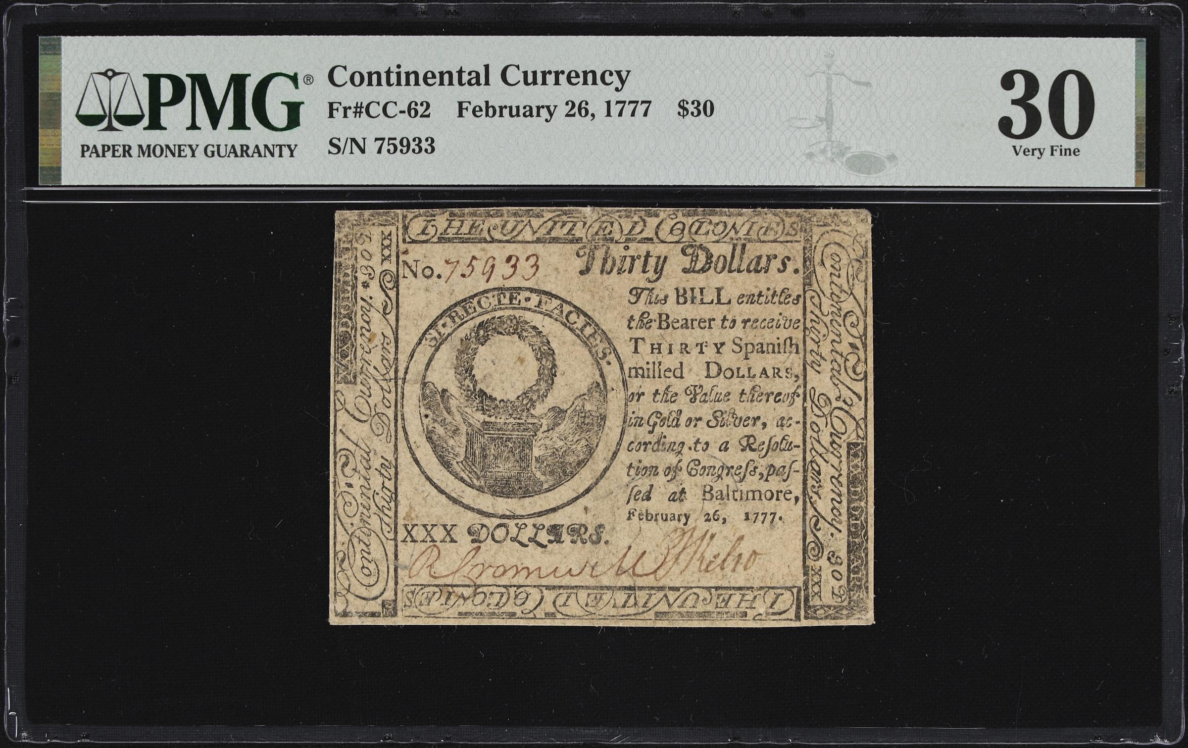 image for: CC-62. Continental Currency. February 26, 1777. $30. PMG Very Fine 30.