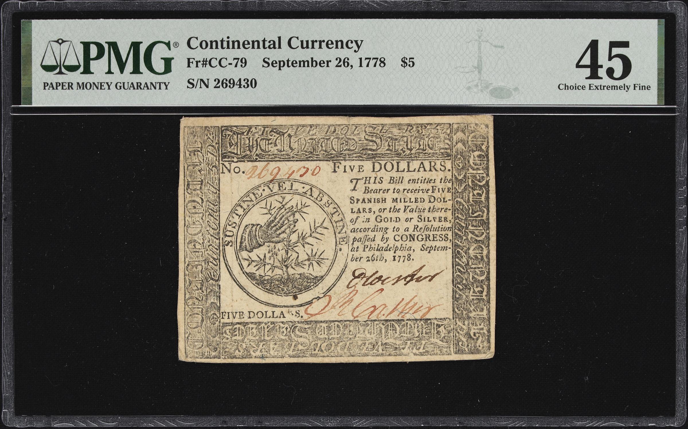 image for: CC-79. Continental Currency. September 26, 1778. $5. PMG Choice Extremely Fine 45.