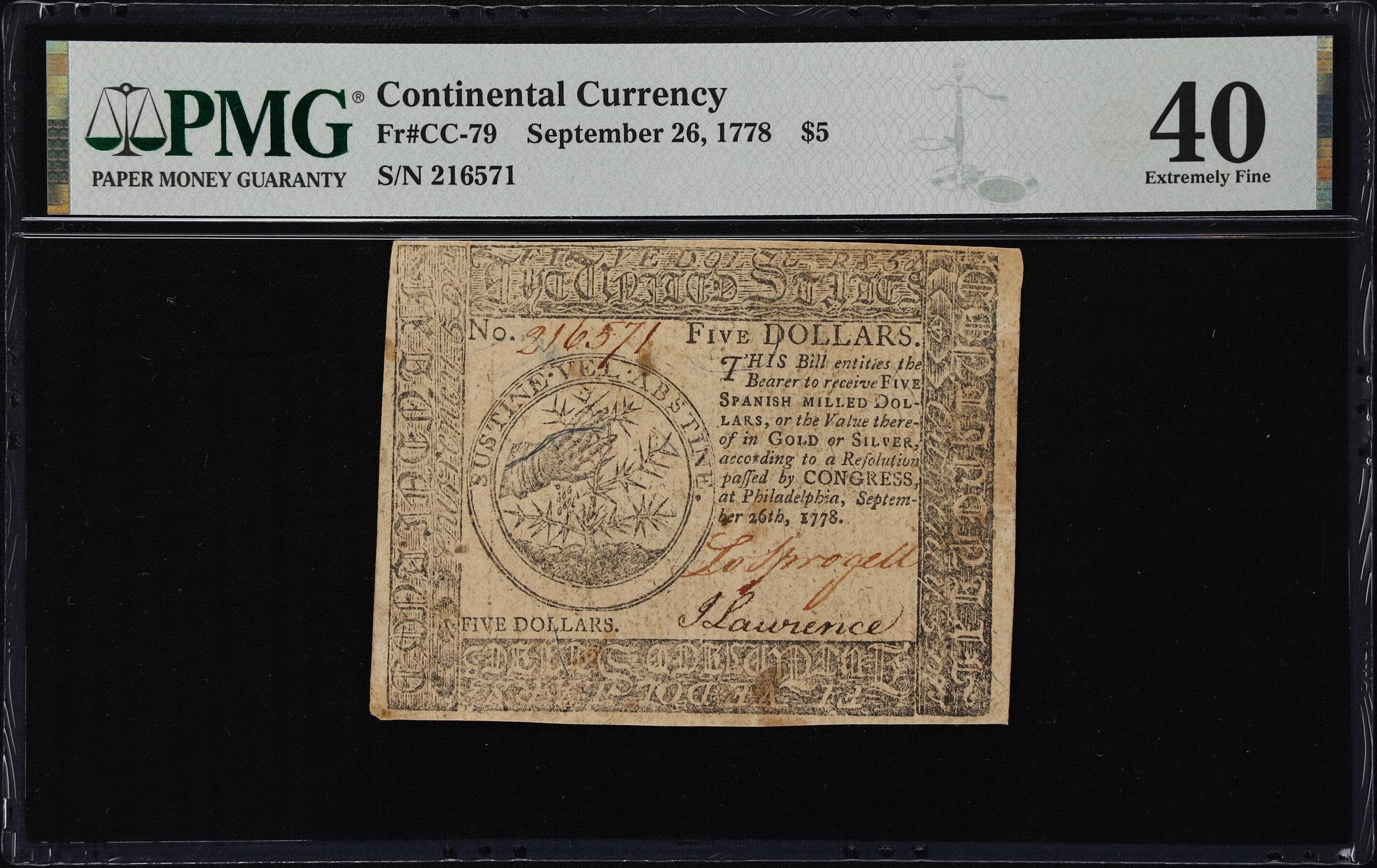 image for: CC-79. Continental Currency. September 26, 1778. $5. PMG Extremely Fine 40.