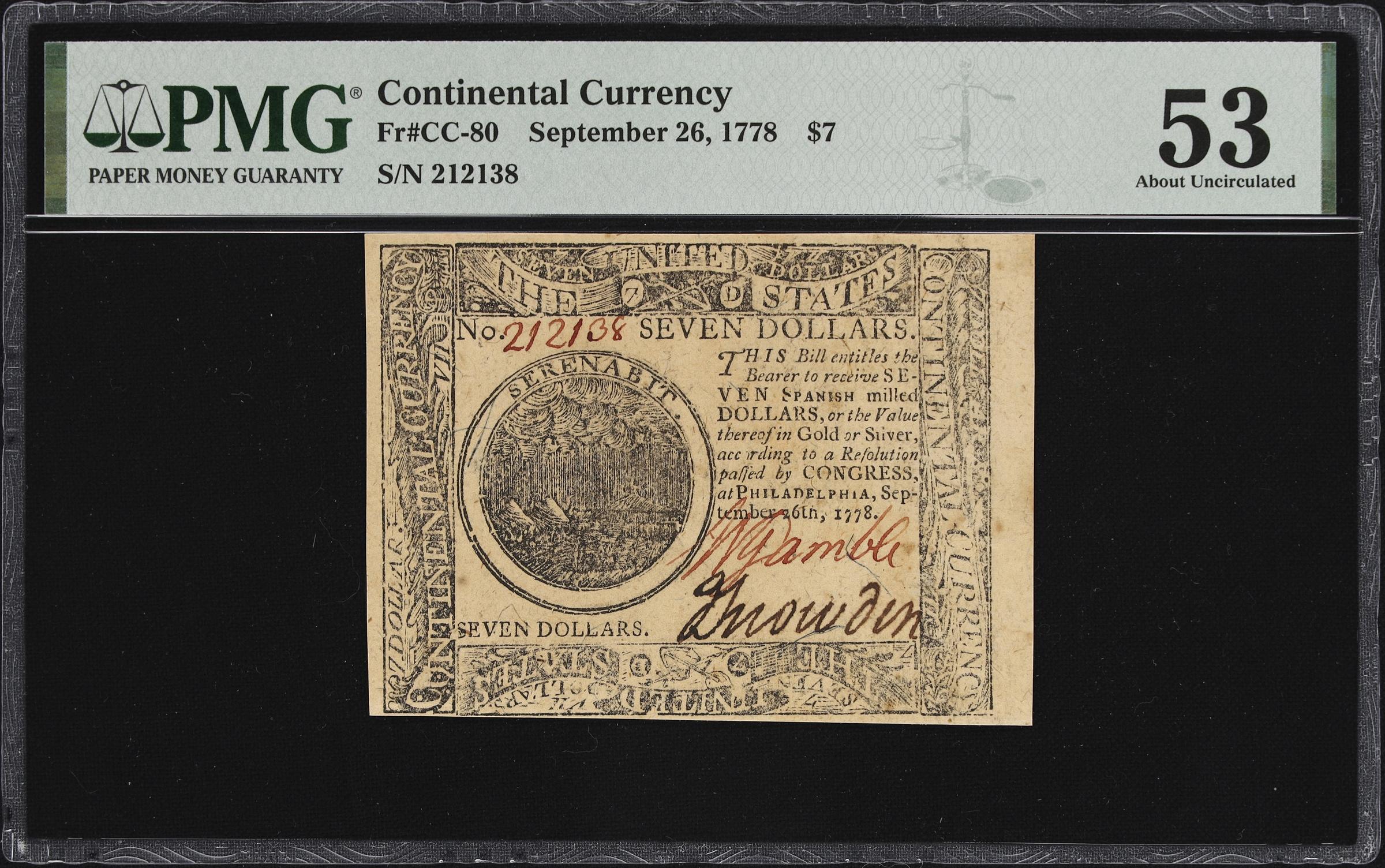 image for: CC-80. Continental Currency. September 26, 1778. $7. PMG About Uncirculated 53.
