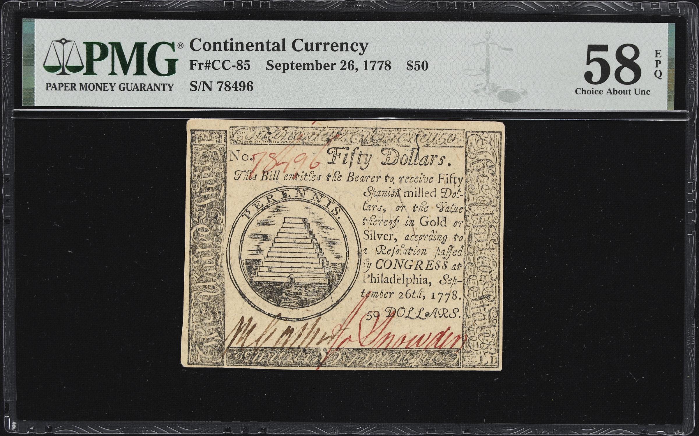 image for: CC-85. Continental Currency. September 26, 1778. $50. PMG Choice About Uncirculated 58 EPQ.