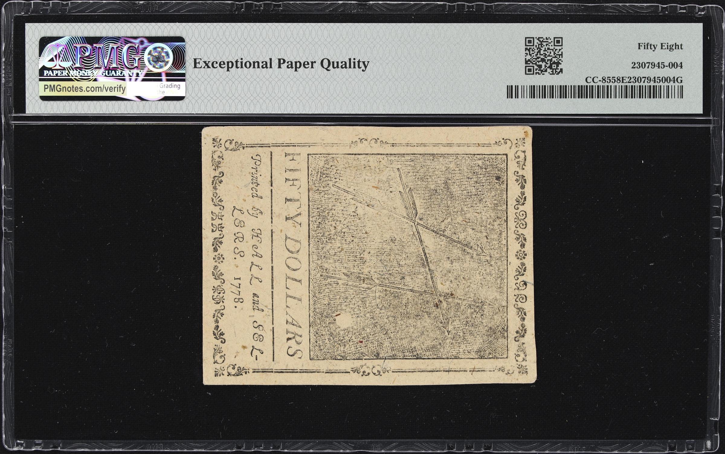 image for: CC-85. Continental Currency. September 26, 1778. $50. PMG Choice About Uncirculated 58 EPQ.
