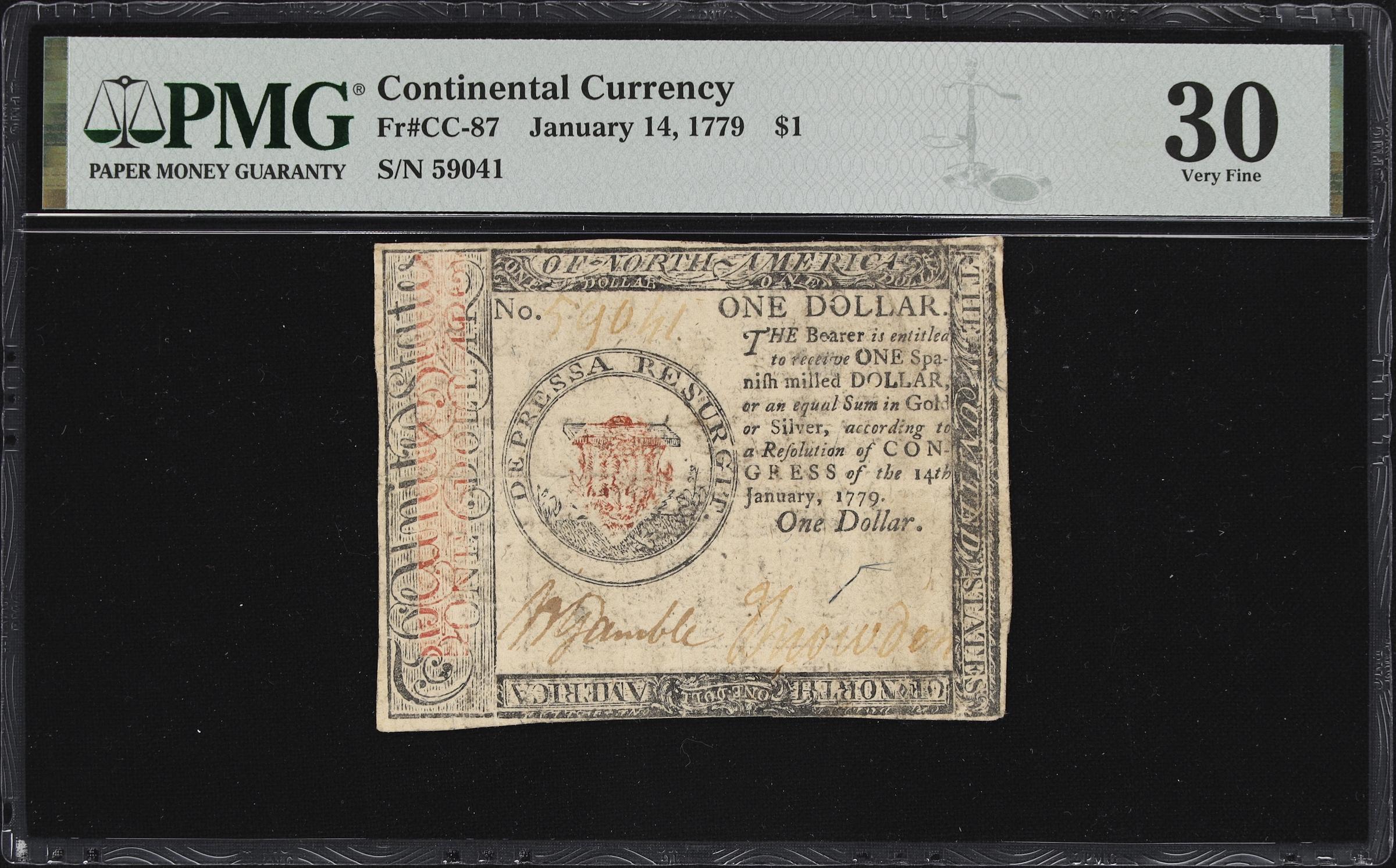 image for: CC-87. Continental Currency. January 14, 1779. $1. PMG Very Fine 30.