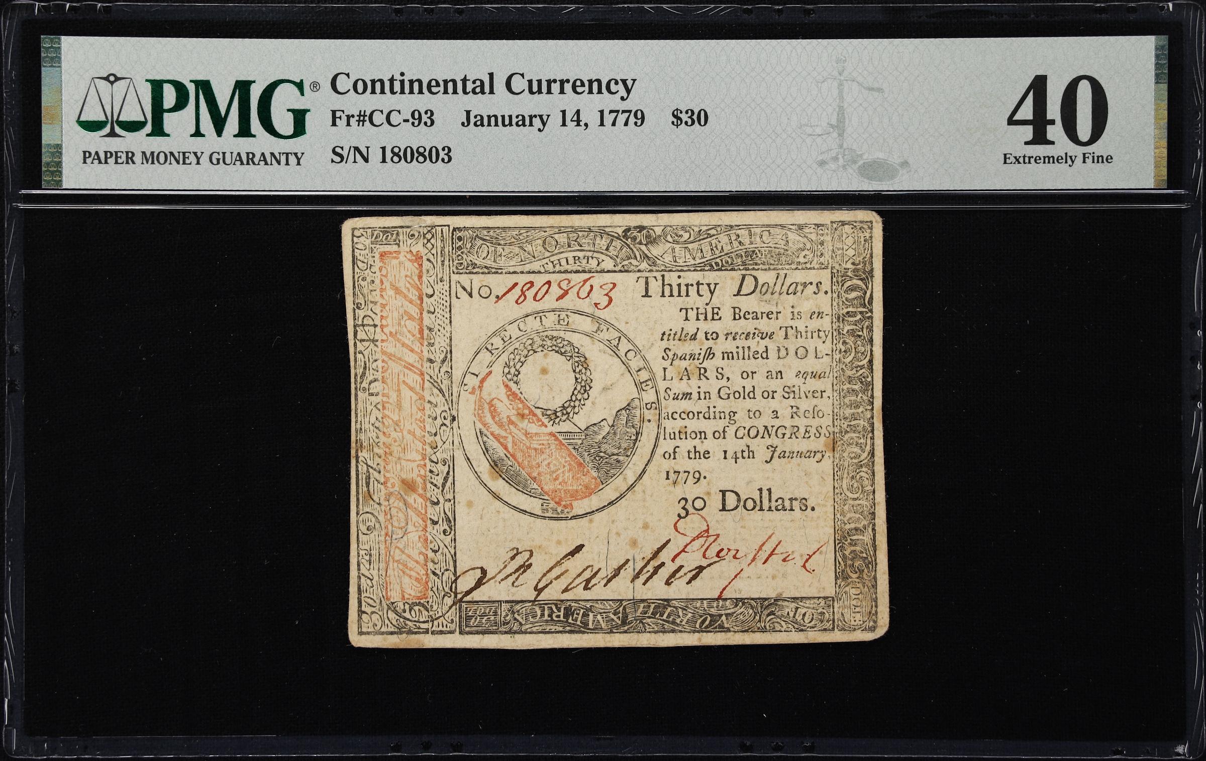 image for: CC-93. Continental Currency. January 14, 1779. $30. PMG Extremely Fine 40.