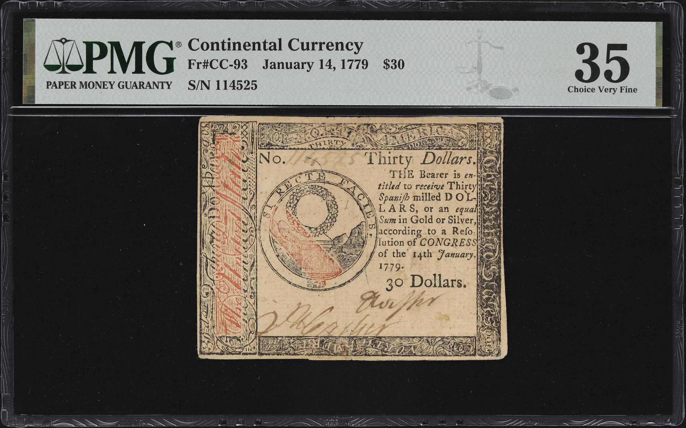 image for: CC-93. Continental Currency. January 14, 1779. $30. PMG Choice Very Fine 35.