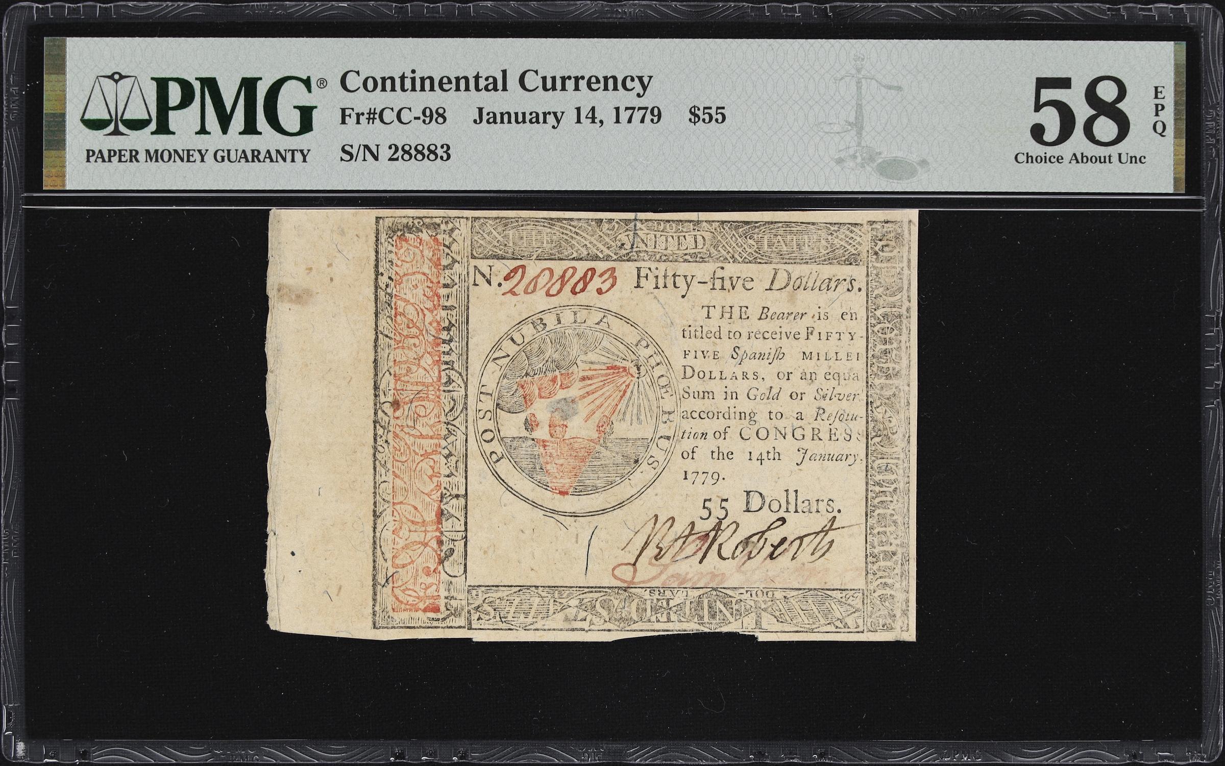 image for: CC-98. Continental Currency. January 14, 1779. $55. PMG Choice About Uncirculated 58 EPQ.