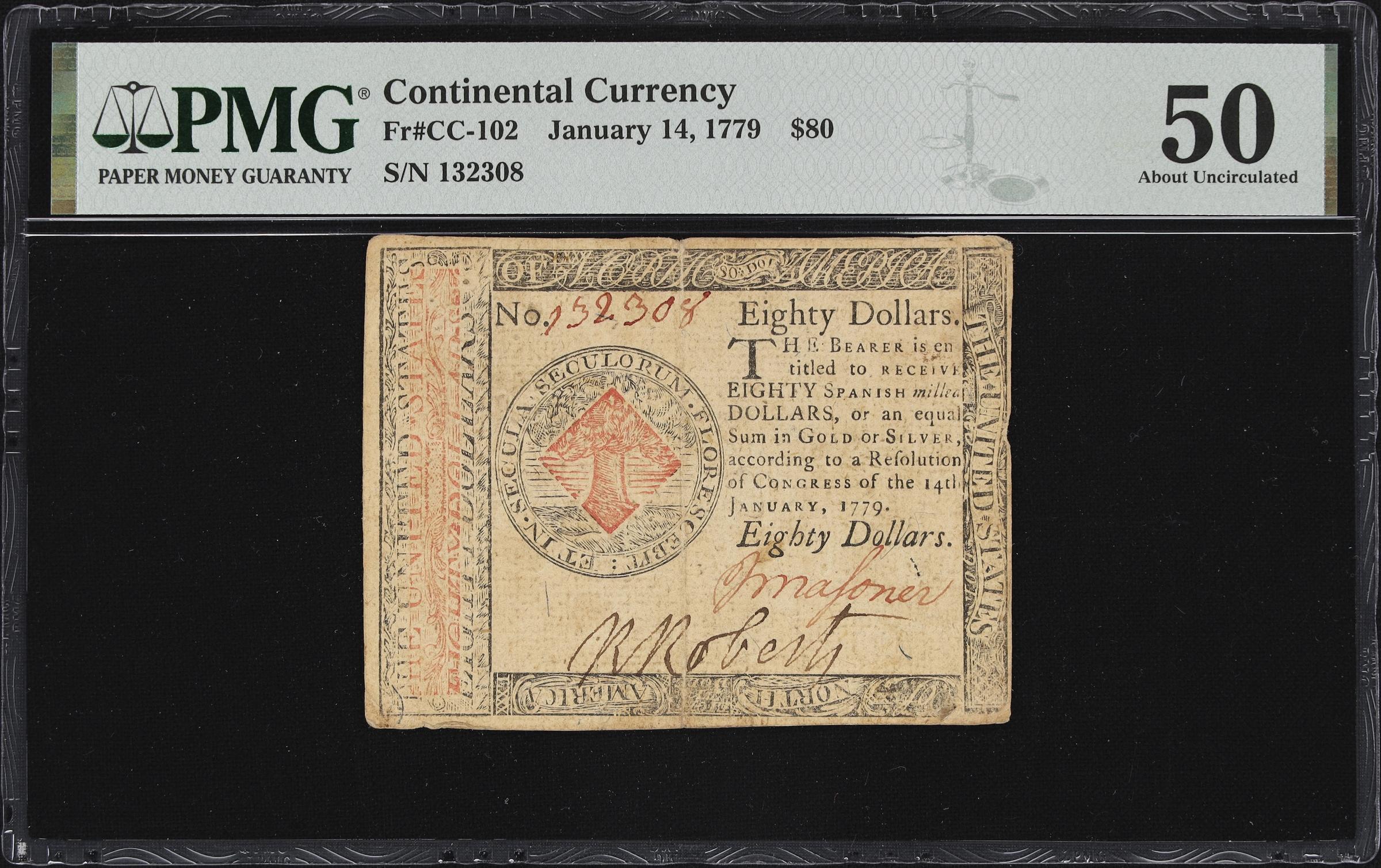 image for: CC-102. Continental Currency. January 14, 1779. $80. PMG About Uncirculated 50.