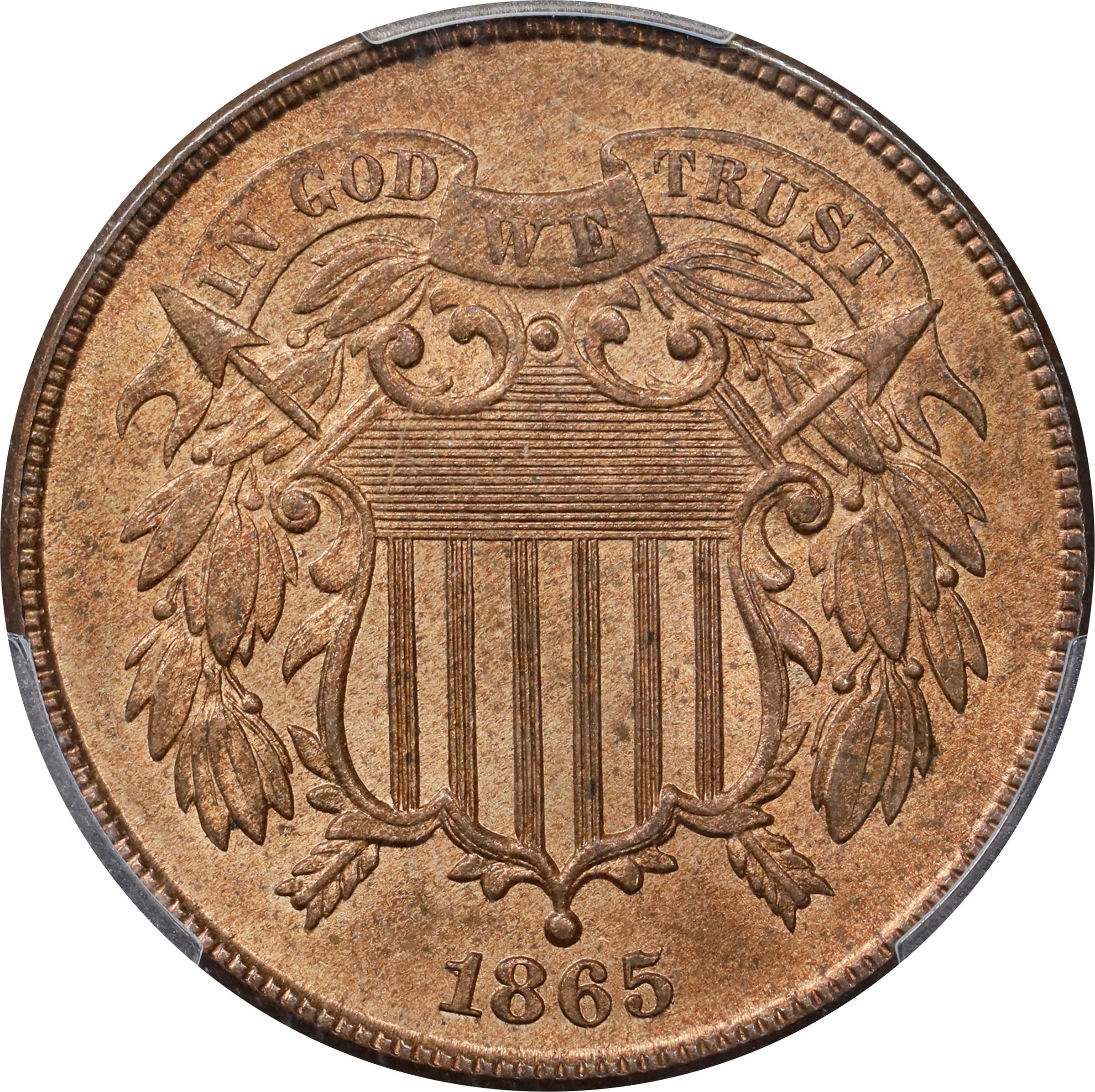 image for: 1865 Two-Cent Piece. Fancy 5. MS-65 RB (PCGS). CAC.