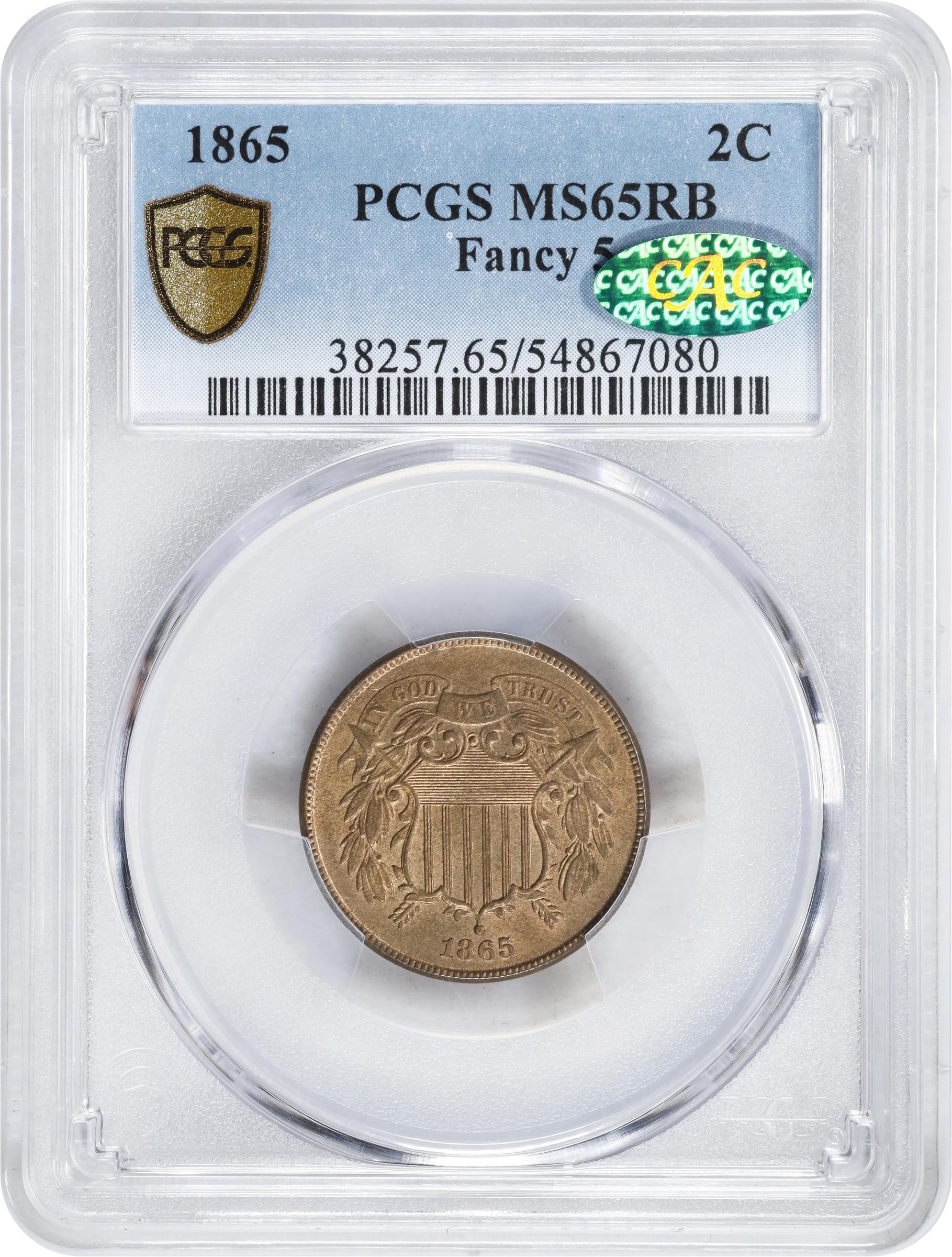 image for: 1865 Two-Cent Piece. Fancy 5. MS-65 RB (PCGS). CAC.