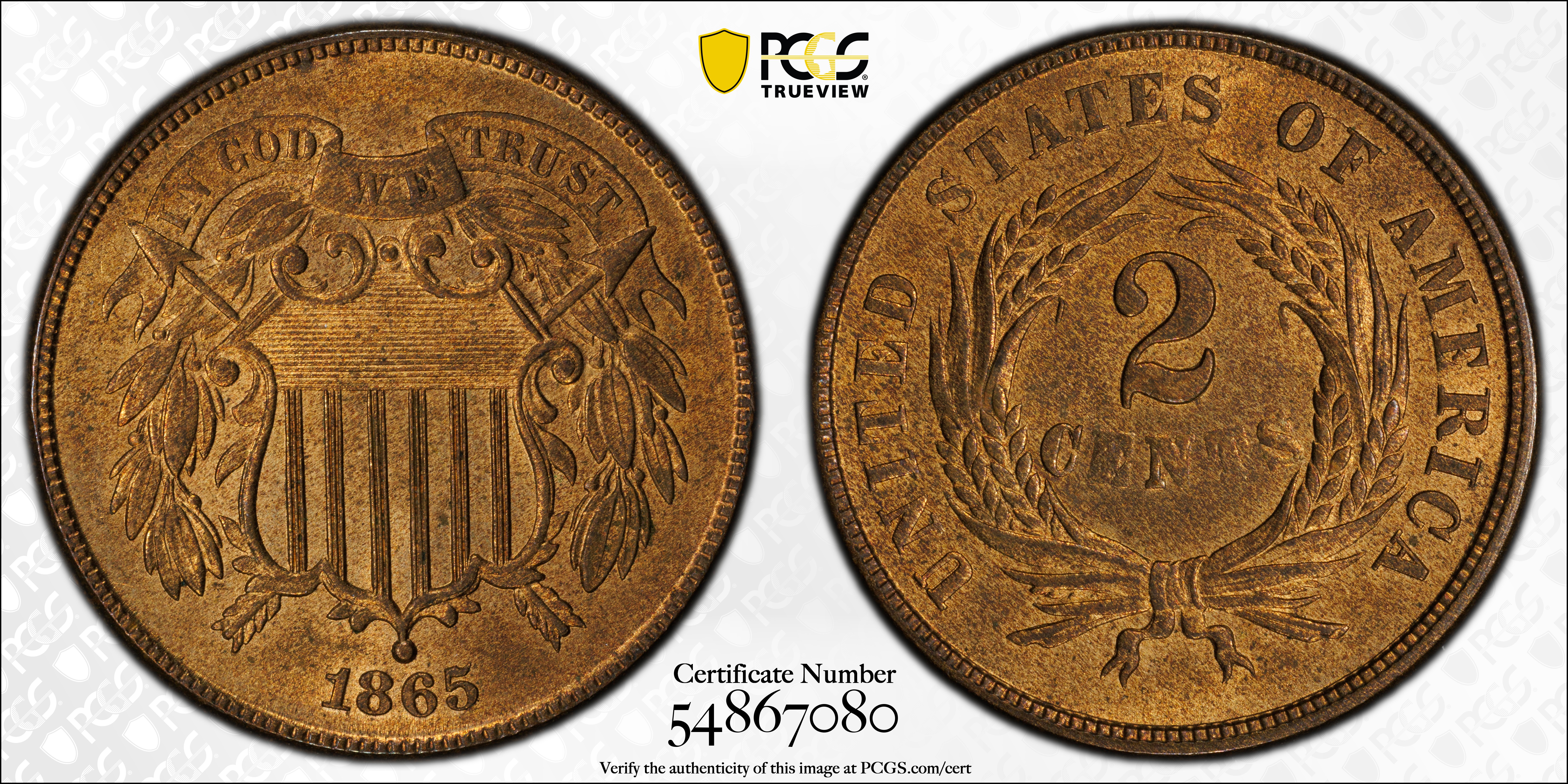 image for: 1865 Two-Cent Piece. Fancy 5. MS-65 RB (PCGS). CAC.