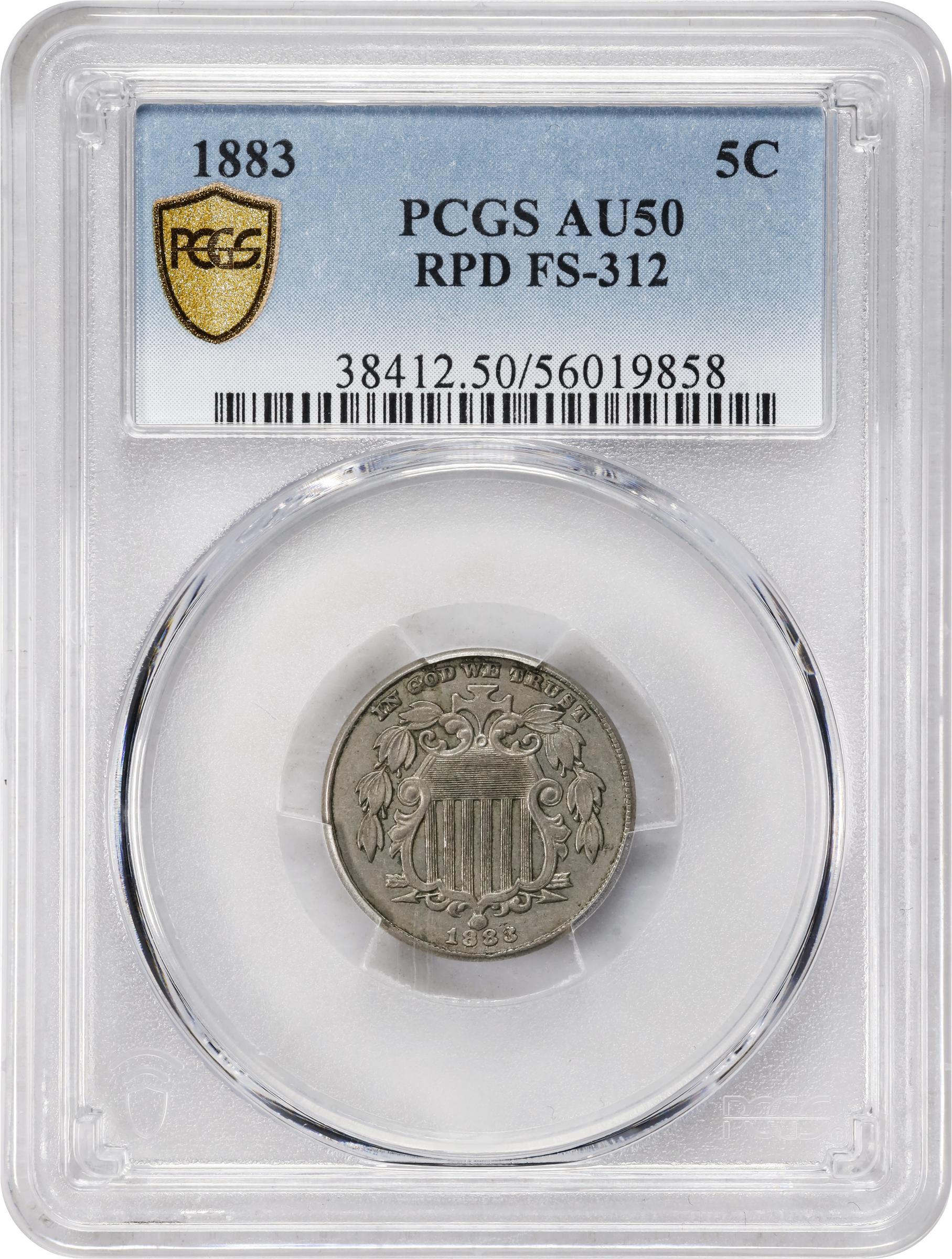 image for: 1883 Shield Nickel. FS-312. Repunched Date. AU-50 (PCGS).