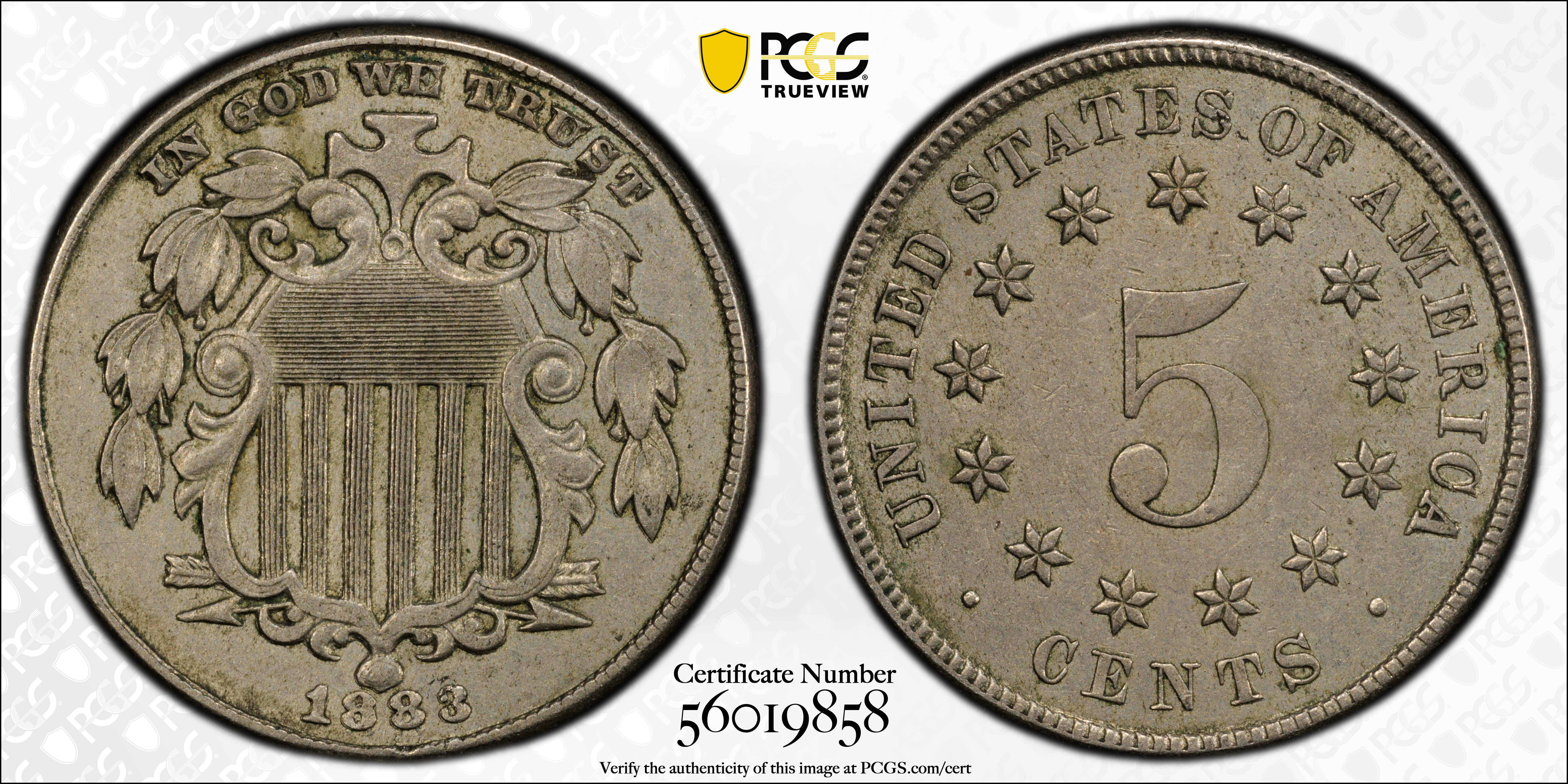 image for: 1883 Shield Nickel. FS-312. Repunched Date. AU-50 (PCGS).