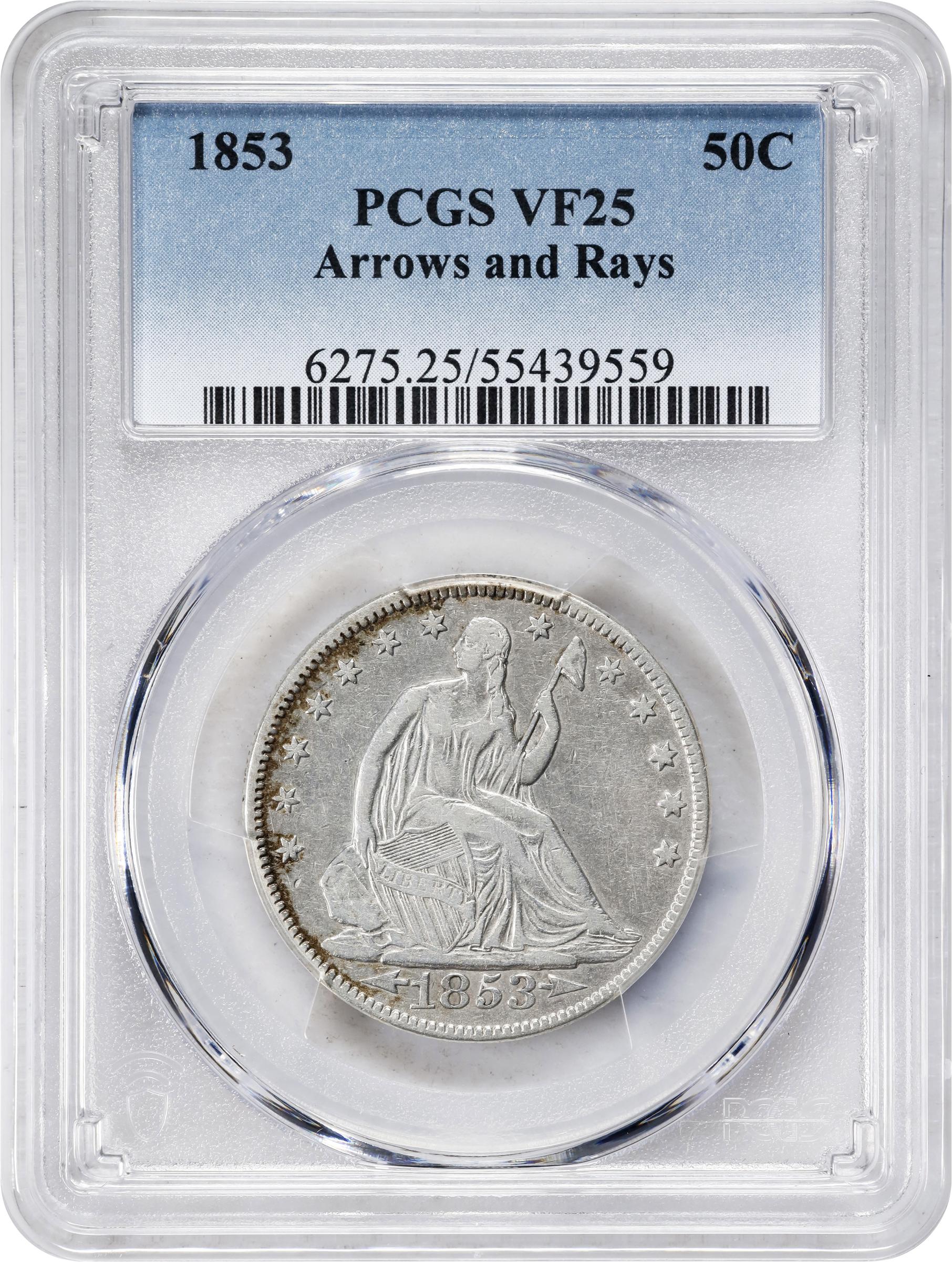 1853 50c Arrows & Rays VF25 thumbnail 3