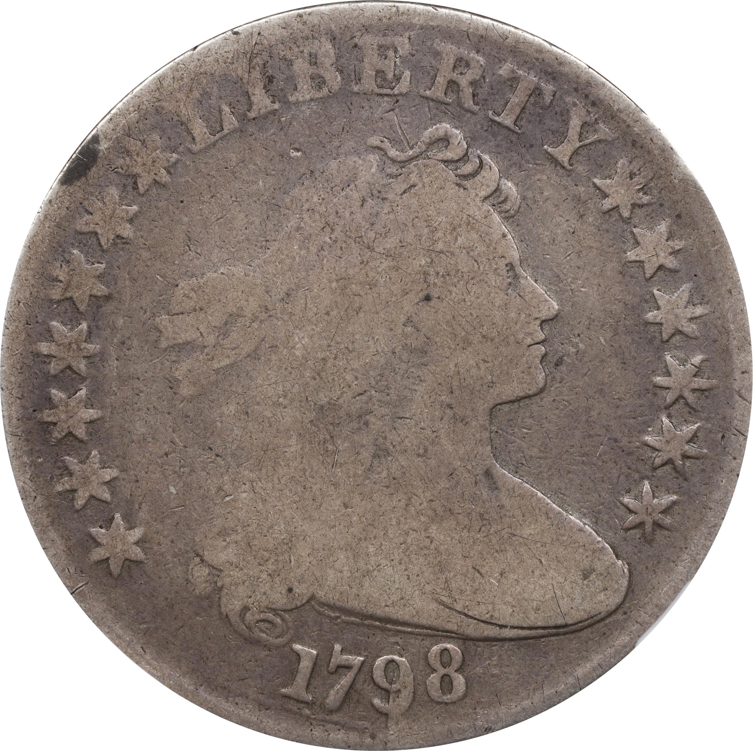 1798 Draped Bust Silver Dollar. Heraldic Eagle. BB-118, B-28. Rarity-3. Pointed 9, Close Date. Good-4 (NGC).
