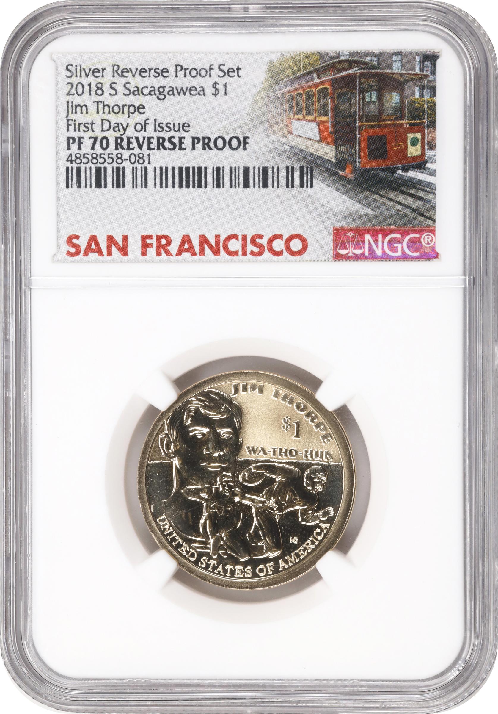 image for: 2018-S Native American Dollar. Jim Thorpe. First Day of Issue. Reverse Proof-70 (NGC).