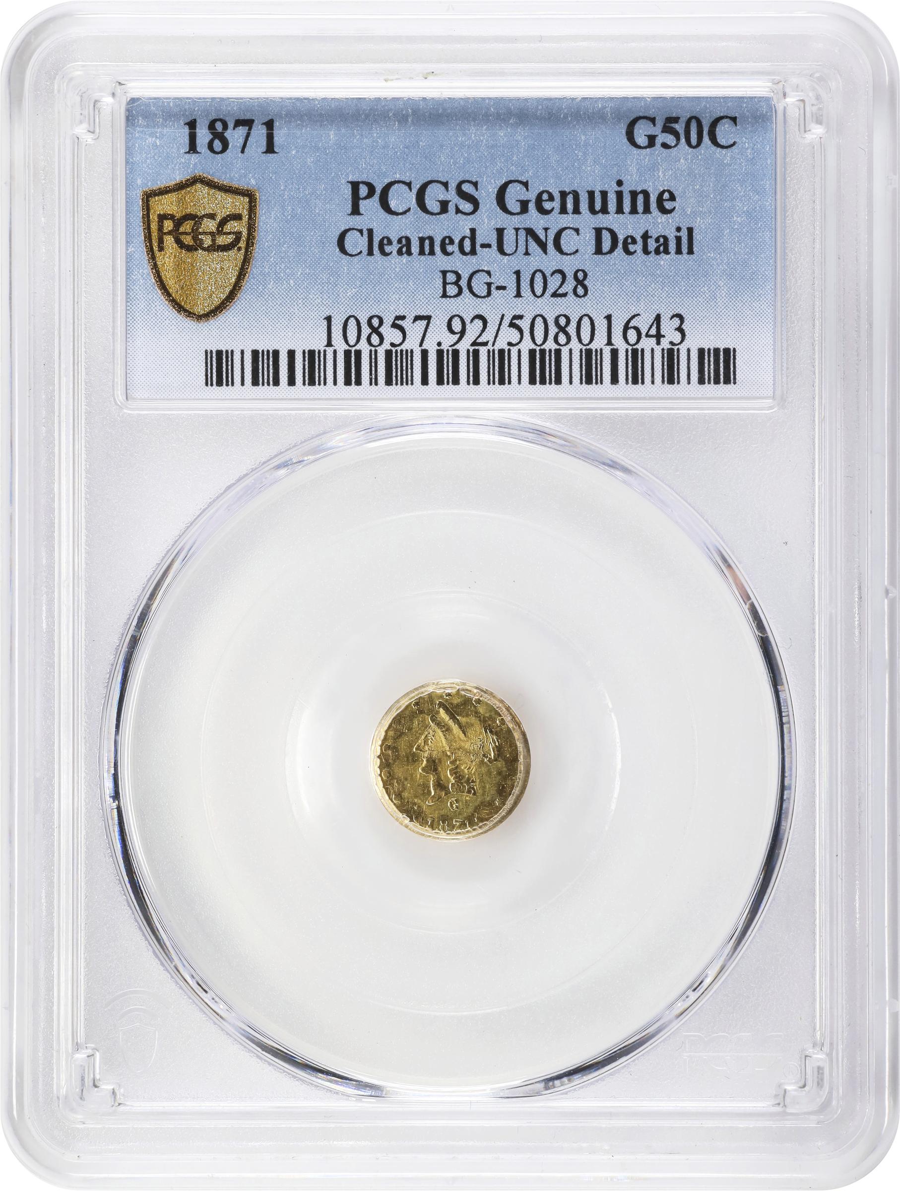 image for: 1871-G Round 50 Cents. BG-1028. Rarity-6+. Liberty Head. Unc Details--Cleaned (PCGS).