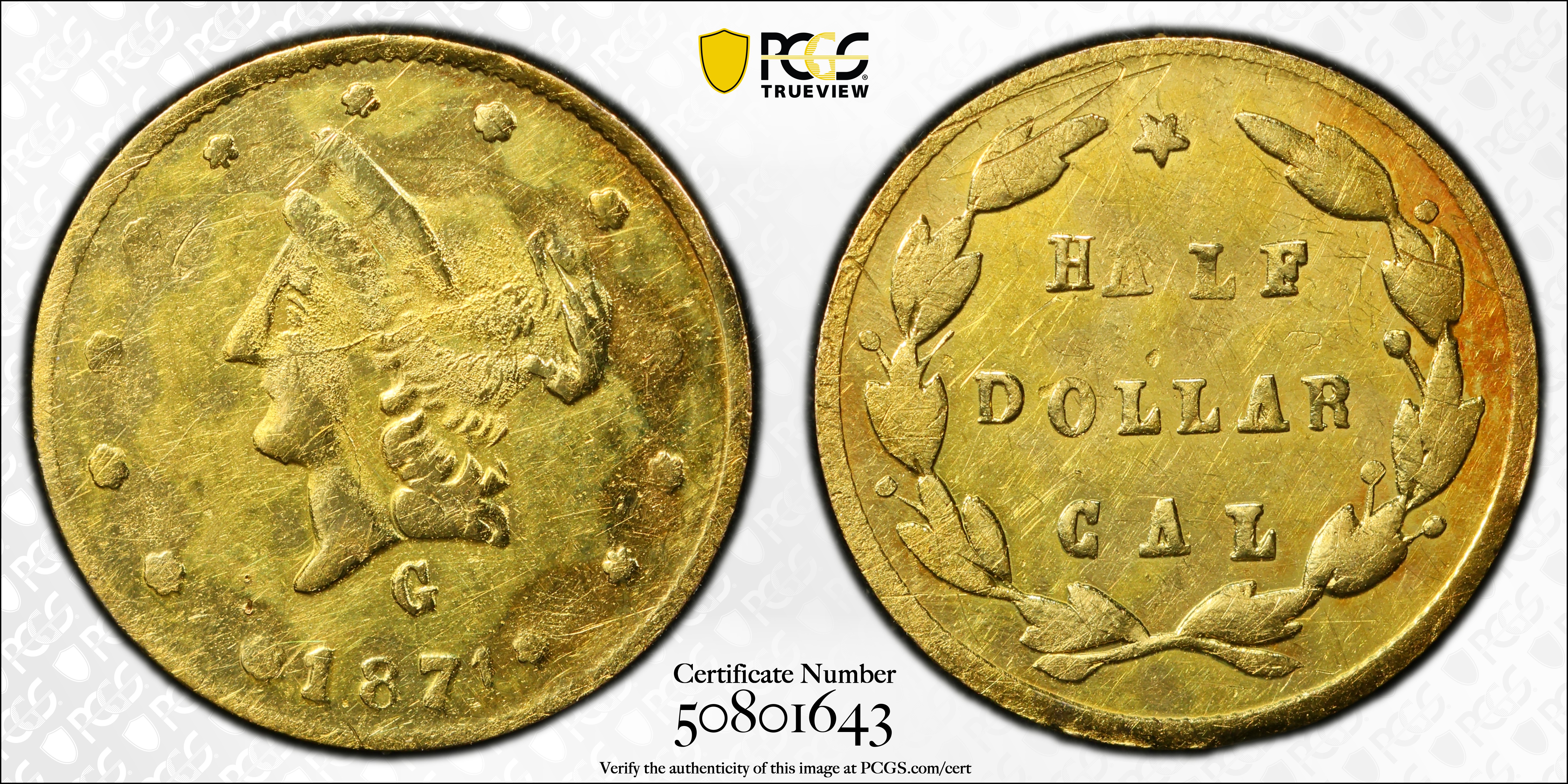 image for: 1871-G Round 50 Cents. BG-1028. Rarity-6+. Liberty Head. Unc Details--Cleaned (PCGS).