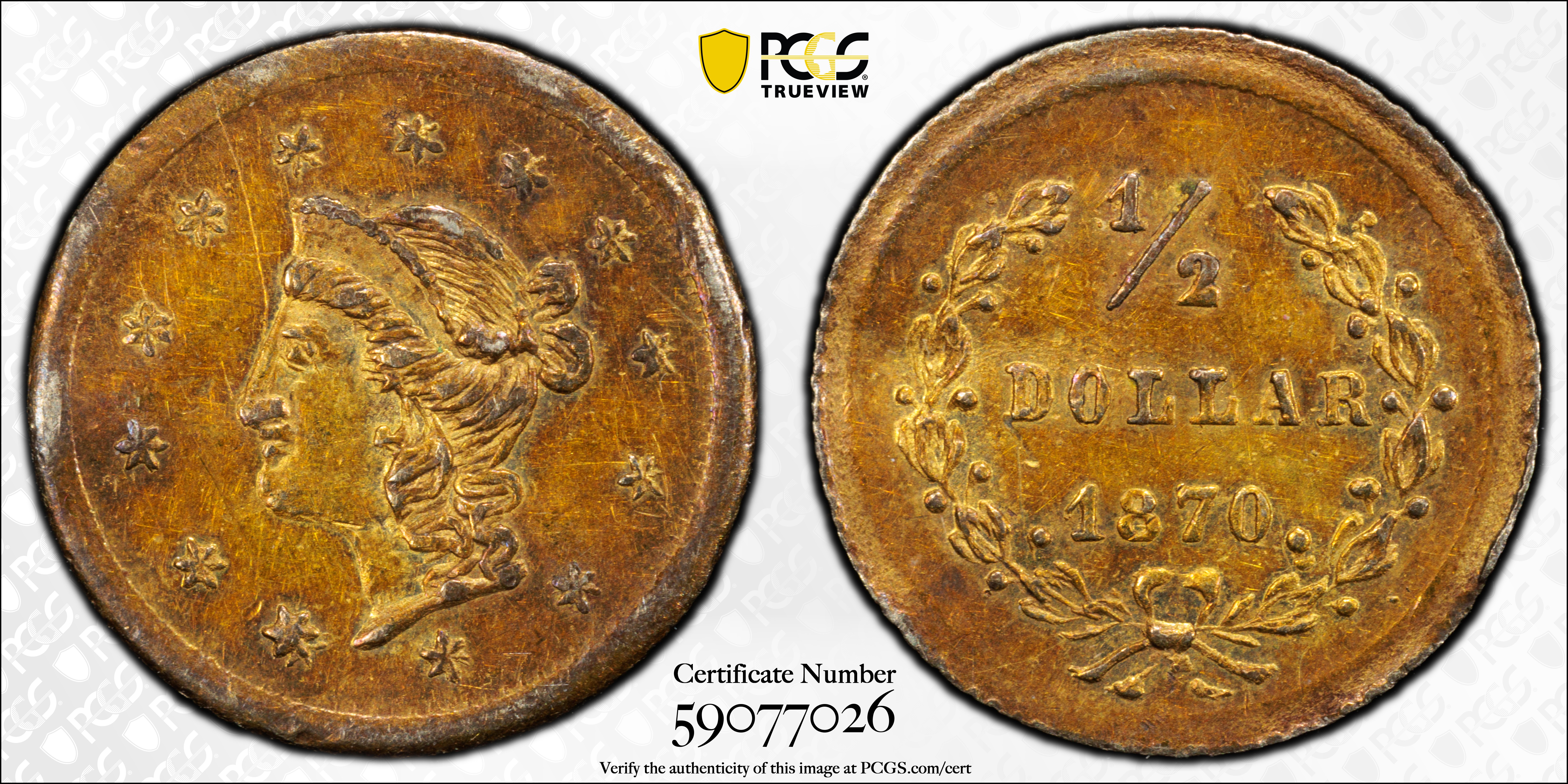 image for: 1870 Round 50 Cents. BG-1047. Rarity-4+. Liberty Head. EF Details--Bent (PCGS).