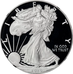image for: 2020-S Silver Eagle. First Day of Issue. Proof-70 Ultra Cameo (NGC). 12th Chief Engraver John M. Mercanti Signature.