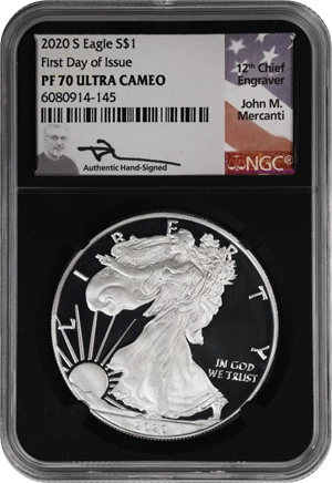 image for: 2020-S Silver Eagle. First Day of Issue. Proof-70 Ultra Cameo (NGC). 12th Chief Engraver John M. Mercanti Signature.