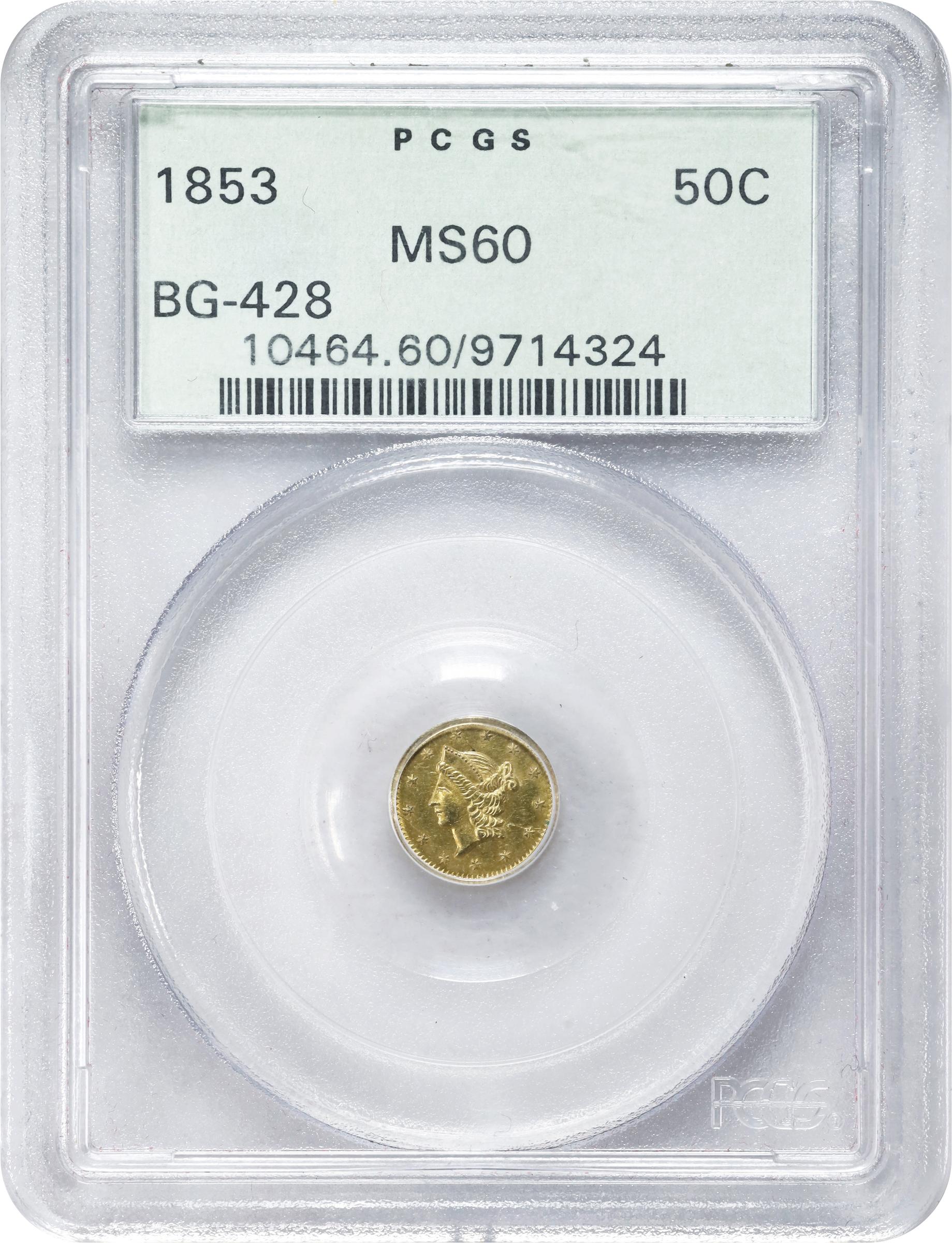 image for: 1853 Round 50 Cents. BG-428. Rarity-3. Liberty Head. MS-60 (PCGS). OGH Generation 3.1.