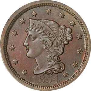 image for: 1854 Braided Hair Cent. N-8. Rarity-1. MS-64 BN (NGC).