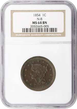image for: 1854 Braided Hair Cent. N-8. Rarity-1. MS-64 BN (NGC).