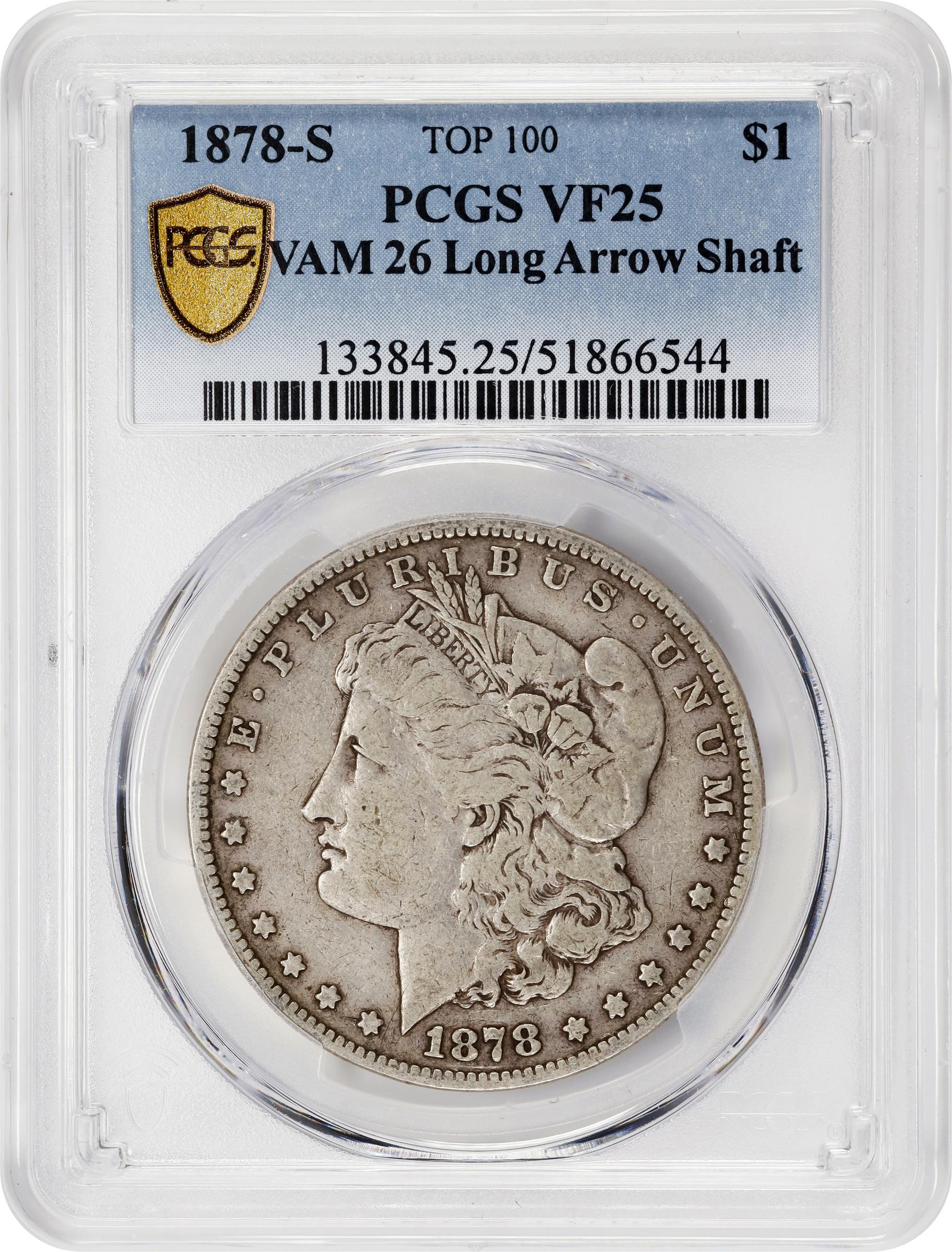 image for: 1878-S Morgan Silver Dollar. VAM-26. Top 100 Variety. Long Arrow Shaft. VF-25 (PCGS).