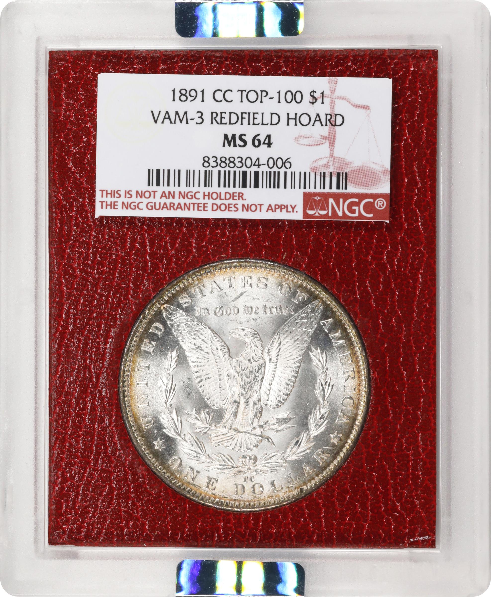 image for: 1891-CC Redfield Morgan Silver Dollar. VAM-3. Top 100 Variety. Spitting Eagle. MS-64 (NGC).