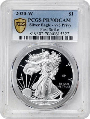 image for: 2020-W Silver Eagle. 75th Anniversary of the End of World War II V75 Privy Mark. First Strike. Proof-70 Deep Cameo (PCGS).