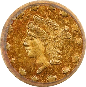 image for: 1865 Round 25 Cents. BG-822. Rarity-4. Liberty Head. MS-62 (PCGS).