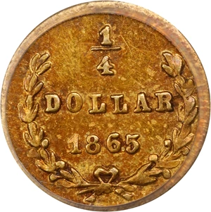 image for: 1865 Round 25 Cents. BG-822. Rarity-4. Liberty Head. MS-62 (PCGS).
