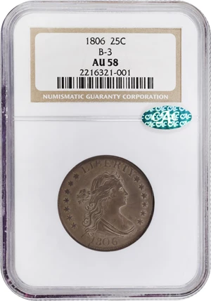 image for: 1806 Draped Bust Quarter. B-3. Rarity-1. AU-58 (NGC). CAC.