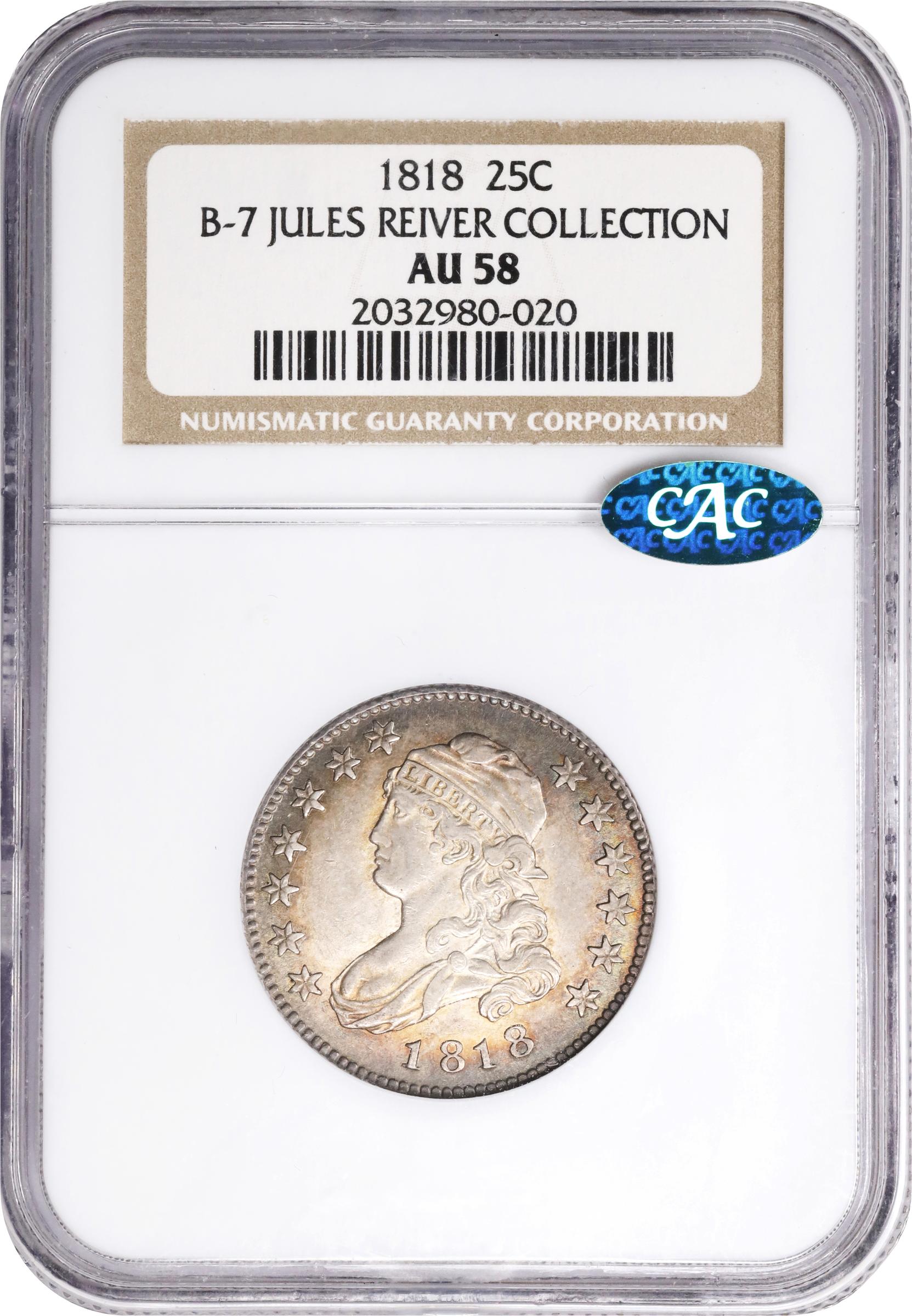 image for: 1818 Capped Bust Quarter. B-7. Rarity-4+. AU-58 (NGC). CAC.
