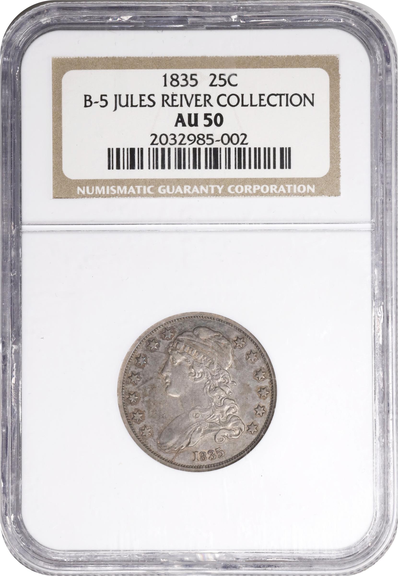 image for: 1835 Capped Bust Quarter. B-5. Rarity-3. AU-50 (NGC).