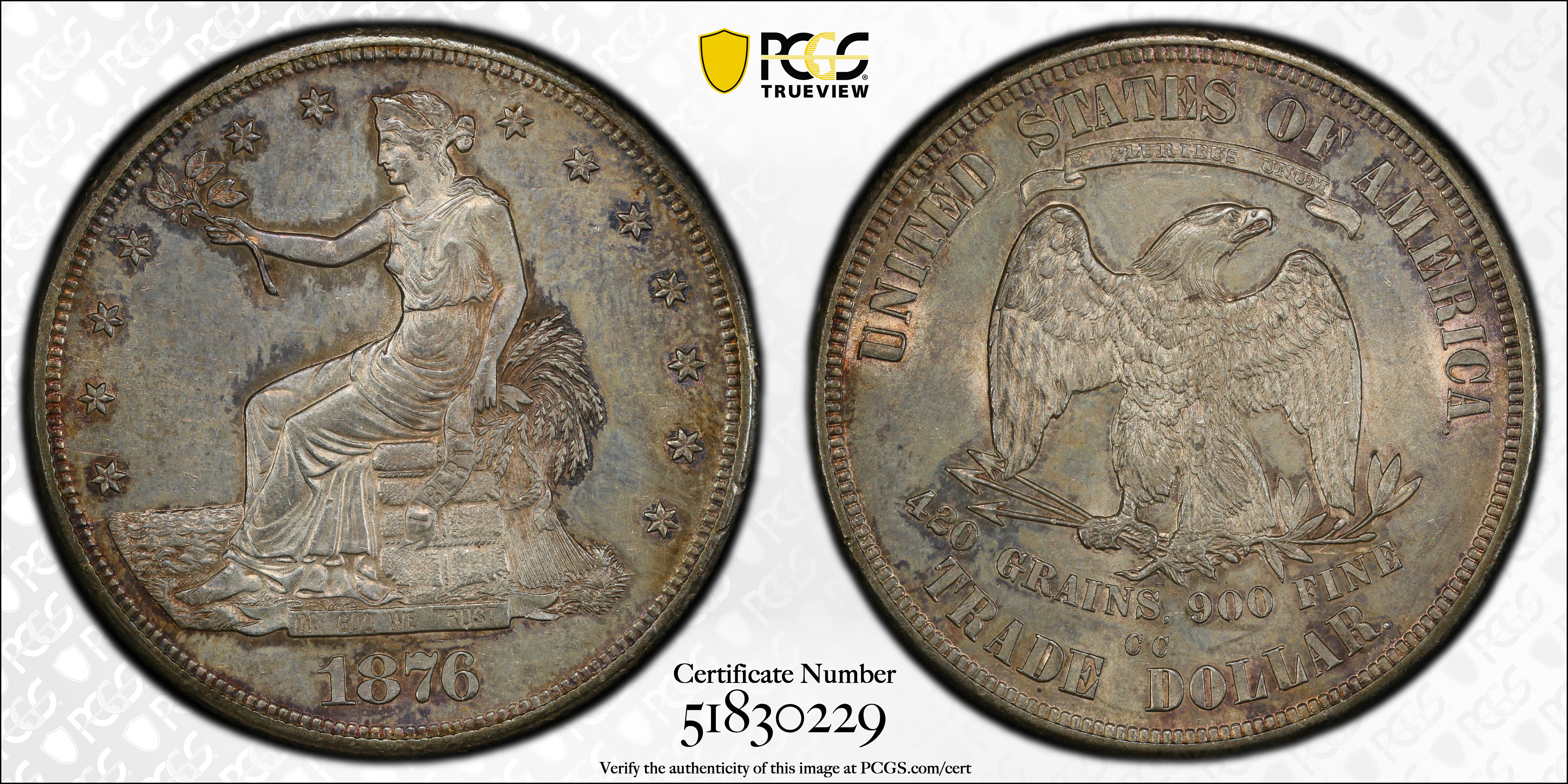 image for: 1876-CC Trade Dollar. Type I/I. Coxe-1, FS-801. Tall CC. Doubled Die Reverse. MS-62 (PCGS). CAC.