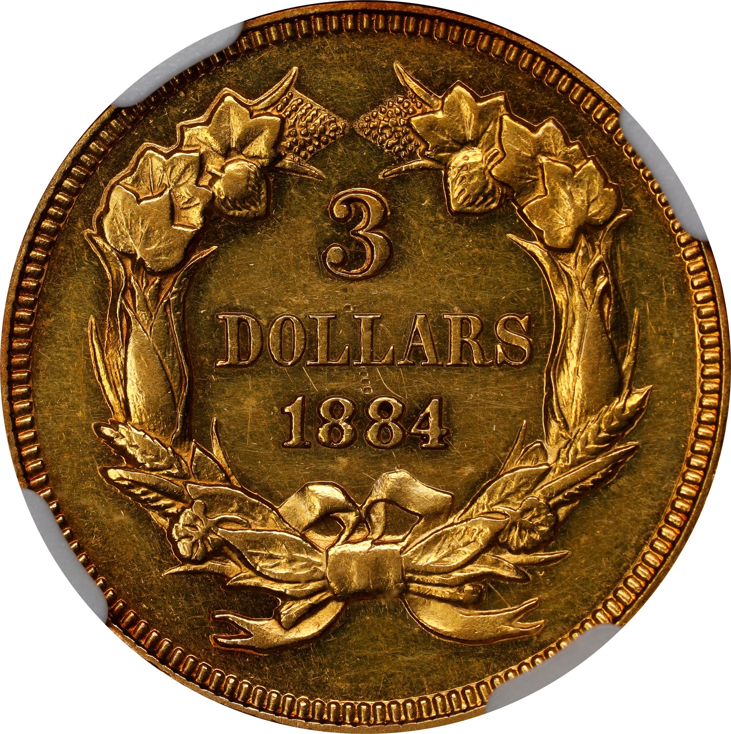 image for: 1884 Three-Dollar Gold Piece. JD-1. Rarity-4+. Proof. AU Details--Cleaned (NGC).