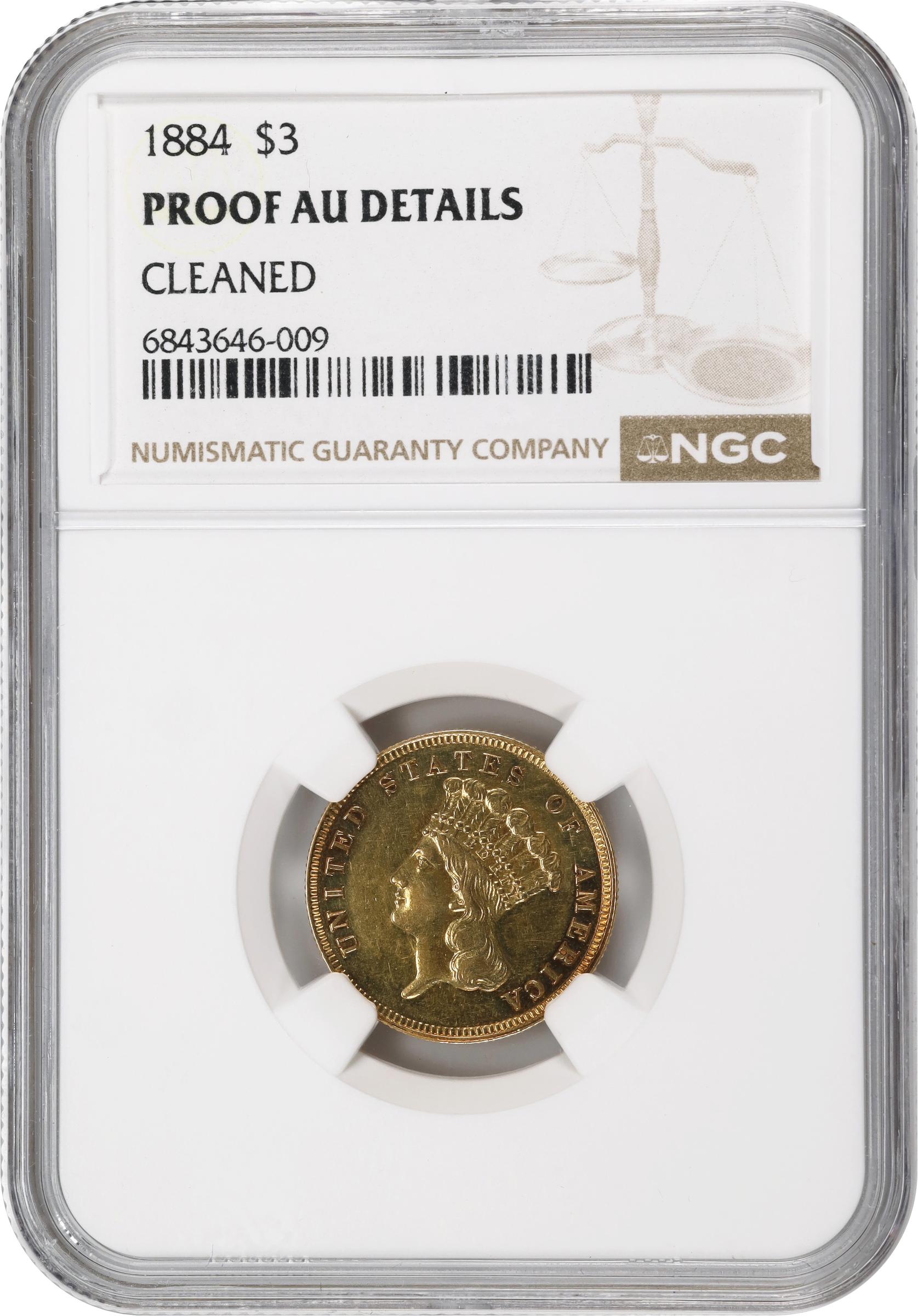 image for: 1884 Three-Dollar Gold Piece. JD-1. Rarity-4+. Proof. AU Details--Cleaned (NGC).