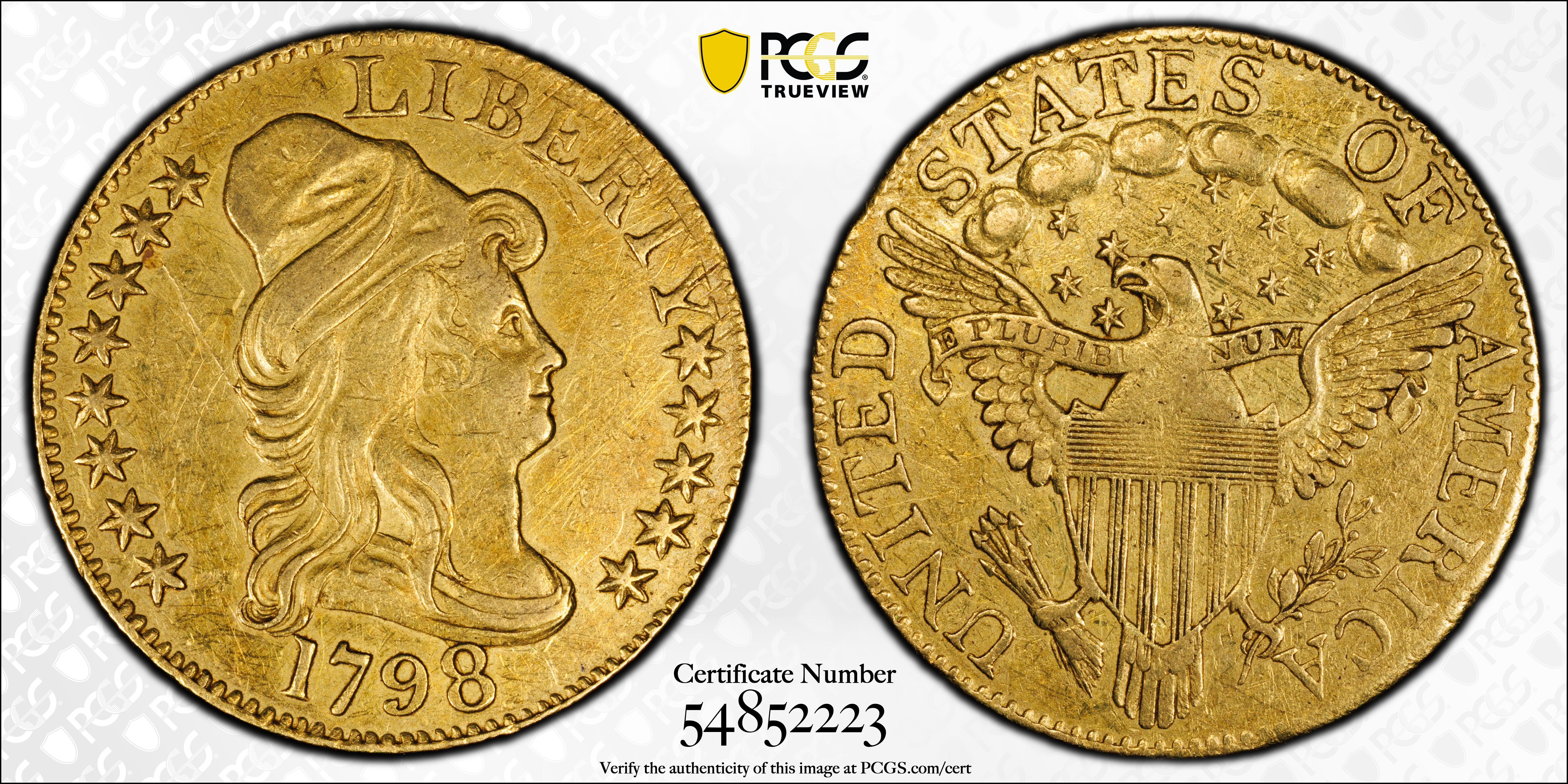 image for: 1798 Capped Bust Right Half Eagle. Heraldic Eagle. BD-5. Rarity-5+. Large 8, 13-Star Reverse, Wide Date. AU-50 (PCGS).