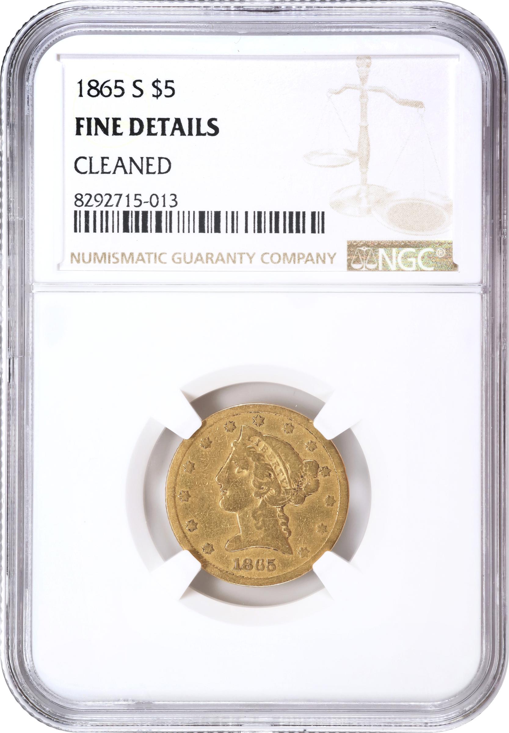 image for: 1865-S Liberty Head Half Eagle. Fine Details--Cleaned (NGC).