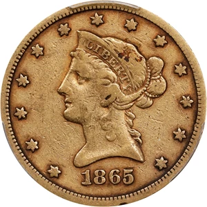 image for: 1865-S Liberty Head Eagle. 865/Inverted 186. VF-20 (PCGS).