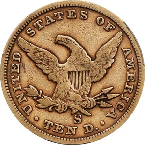 image for: 1865-S Liberty Head Eagle. 865/Inverted 186. VF-20 (PCGS).
