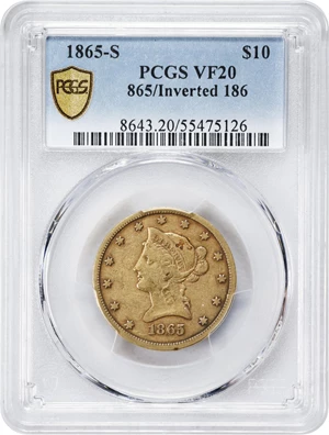 image for: 1865-S Liberty Head Eagle. 865/Inverted 186. VF-20 (PCGS).