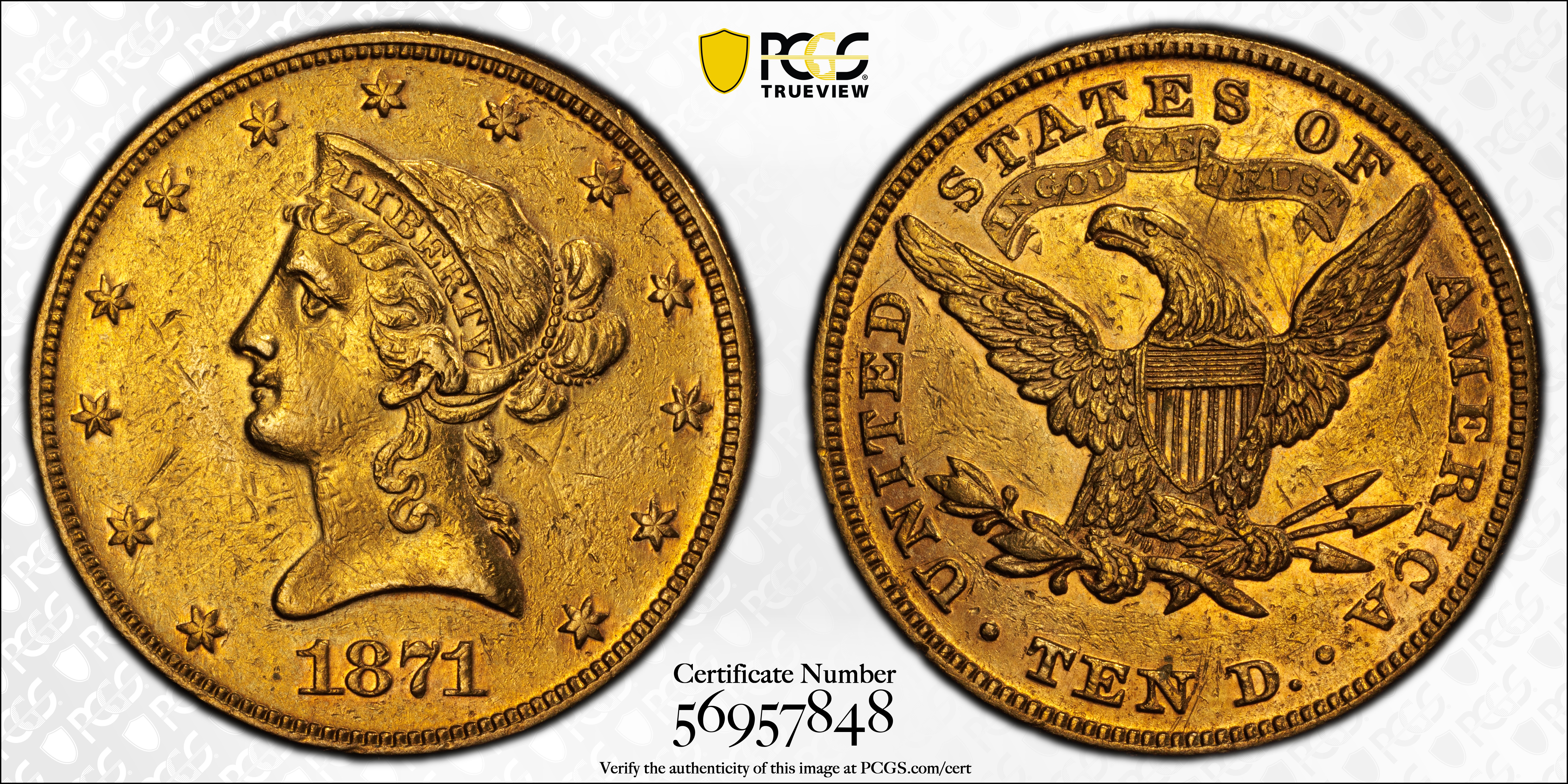 image for: 1871 Liberty Head Eagle. AU Details--Repaired (PCGS).