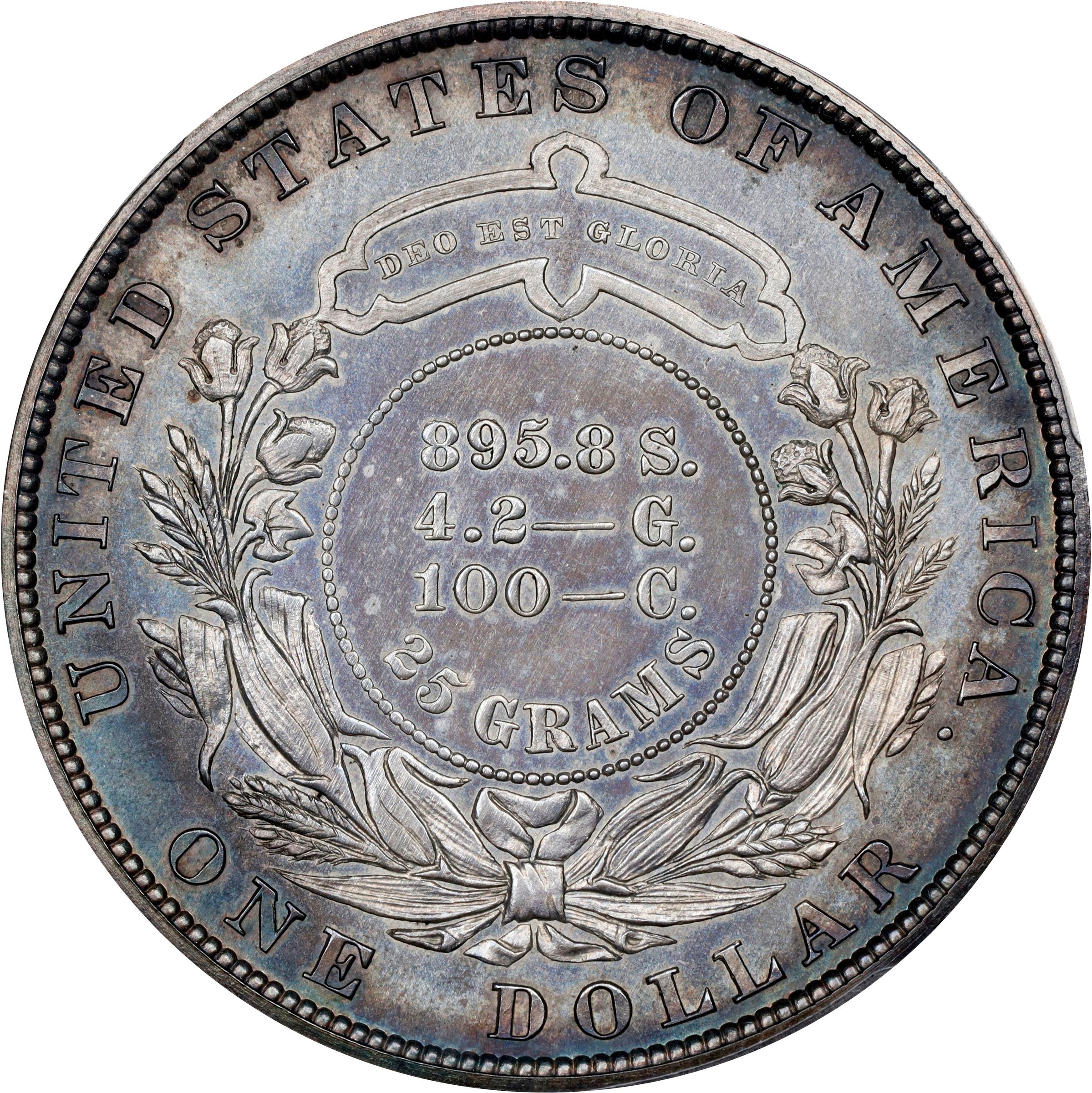 image for: 1880 Pattern Goloid Metric Dollar. Judd-1645, Pollock-1845. Rarity-6+. Silver (Metric Alloy). Reeded Edge. Proof-65 (PCGS).