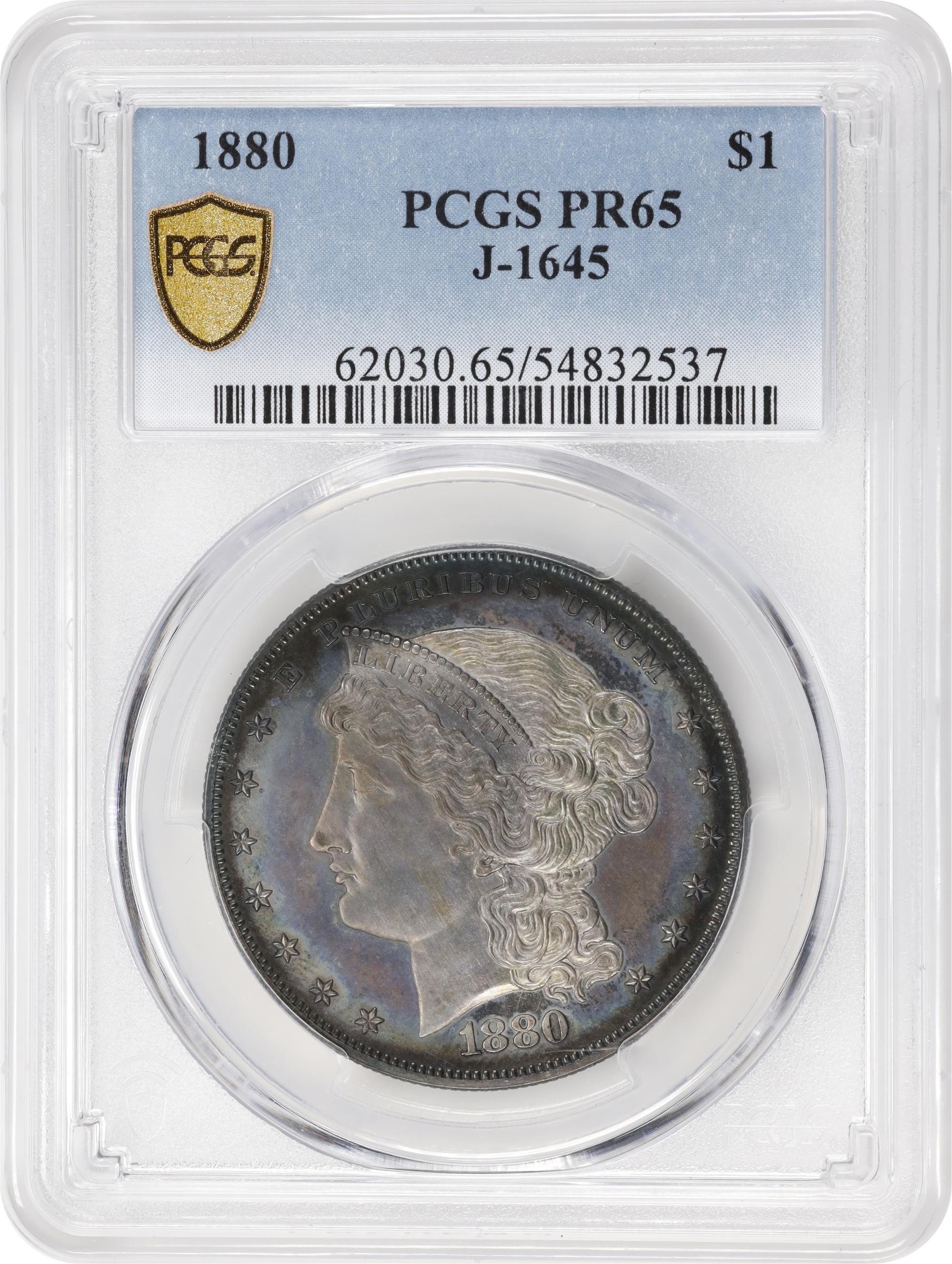 image for: 1880 Pattern Goloid Metric Dollar. Judd-1645, Pollock-1845. Rarity-6+. Silver (Metric Alloy). Reeded Edge. Proof-65 (PCGS).