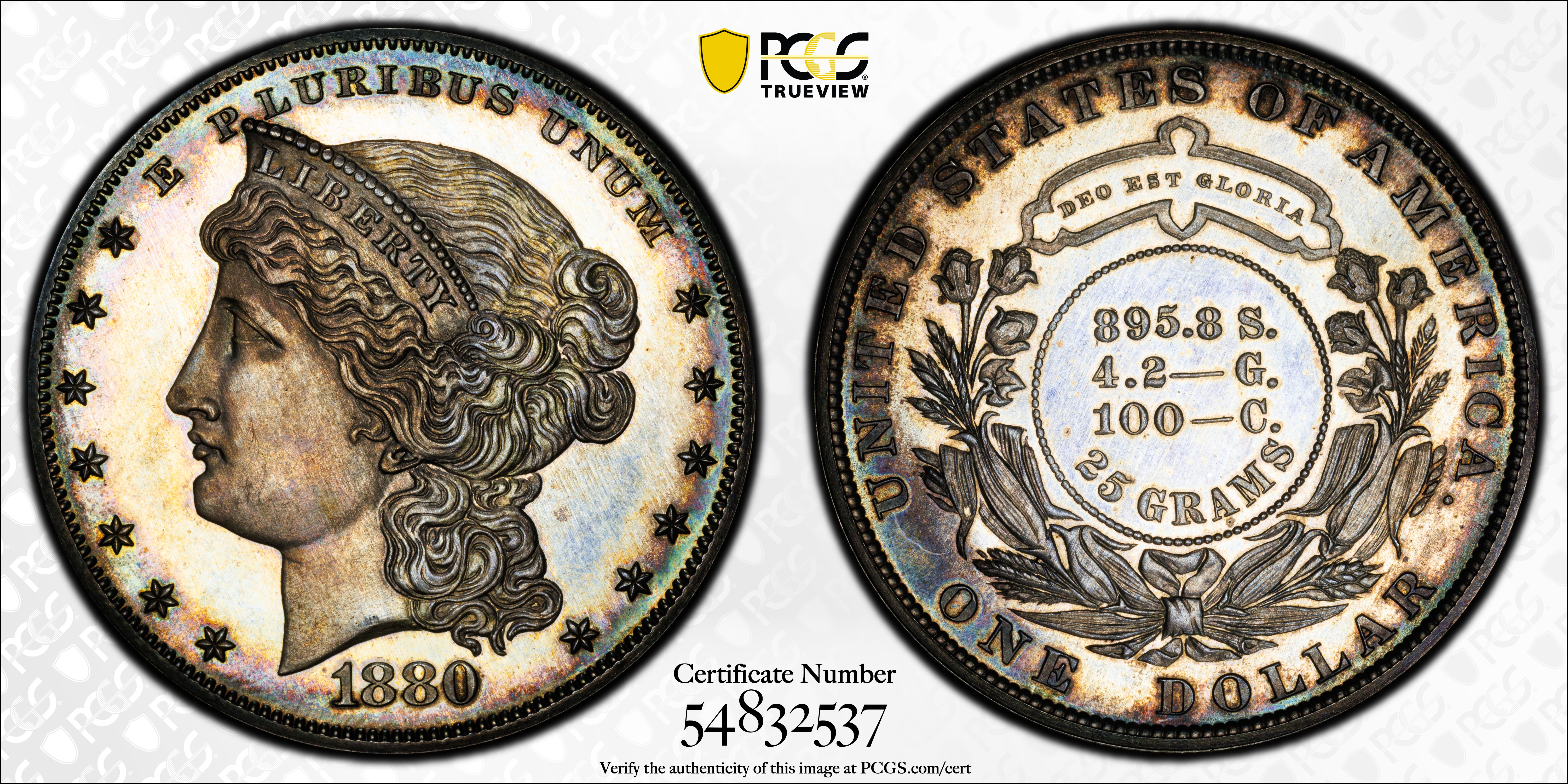 image for: 1880 Pattern Goloid Metric Dollar. Judd-1645, Pollock-1845. Rarity-6+. Silver (Metric Alloy). Reeded Edge. Proof-65 (PCGS).