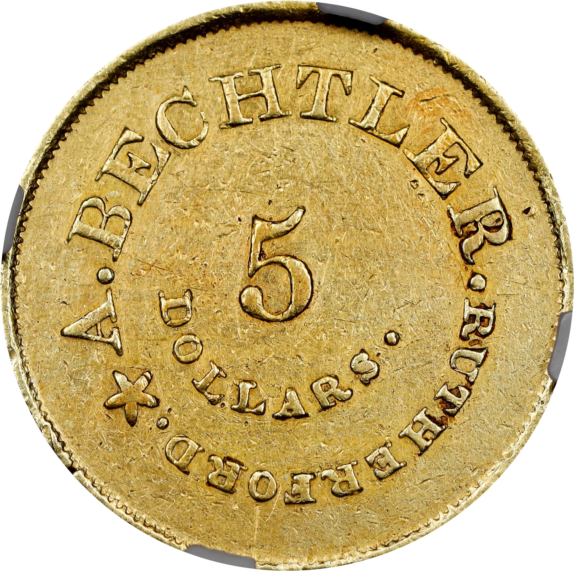image for: Undated (1842-1852) August Bechtler $5. K-27. Rarity-5+. 134.G:, 21 CARATS. EF-45 (NGC).