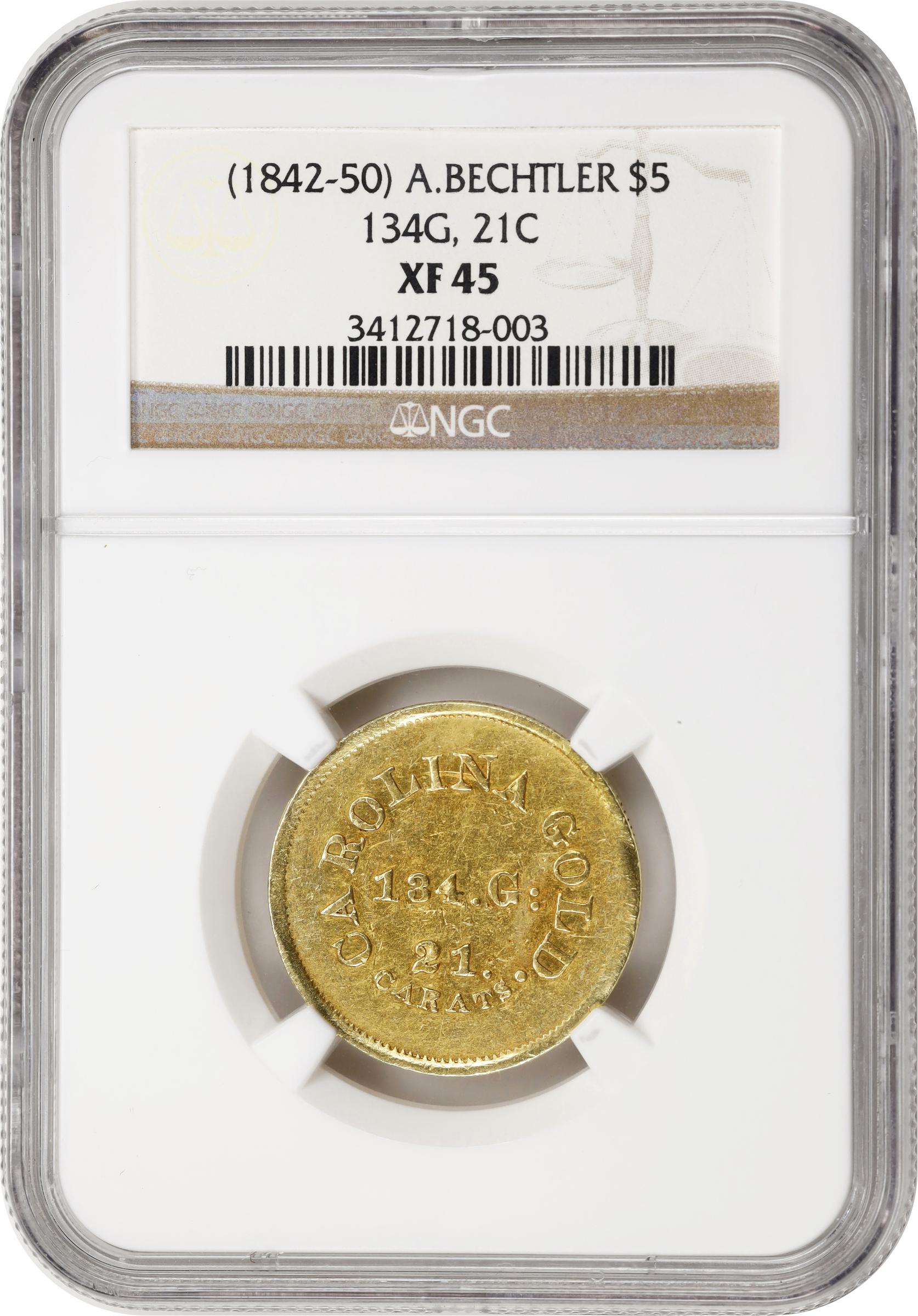 image for: Undated (1842-1852) August Bechtler $5. K-27. Rarity-5+. 134.G:, 21 CARATS. EF-45 (NGC).