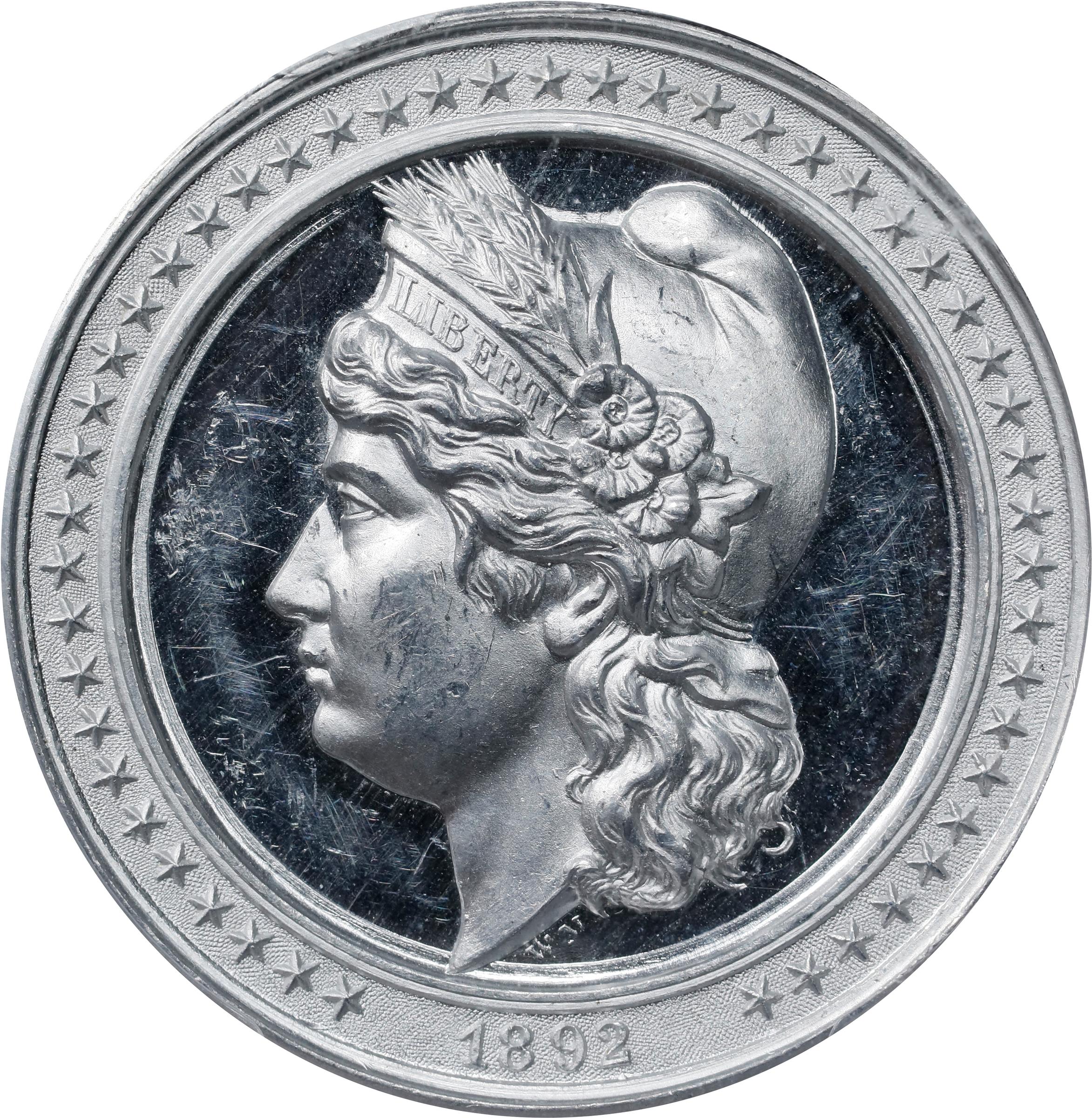 image for: 1892 World's Columbian Exposition. Liberty Head Dollar. HK-222, SH 6-79 AL, Eglit-51. Rarity-3. Aluminum. Proof-62 Deep Cameo (PCGS).